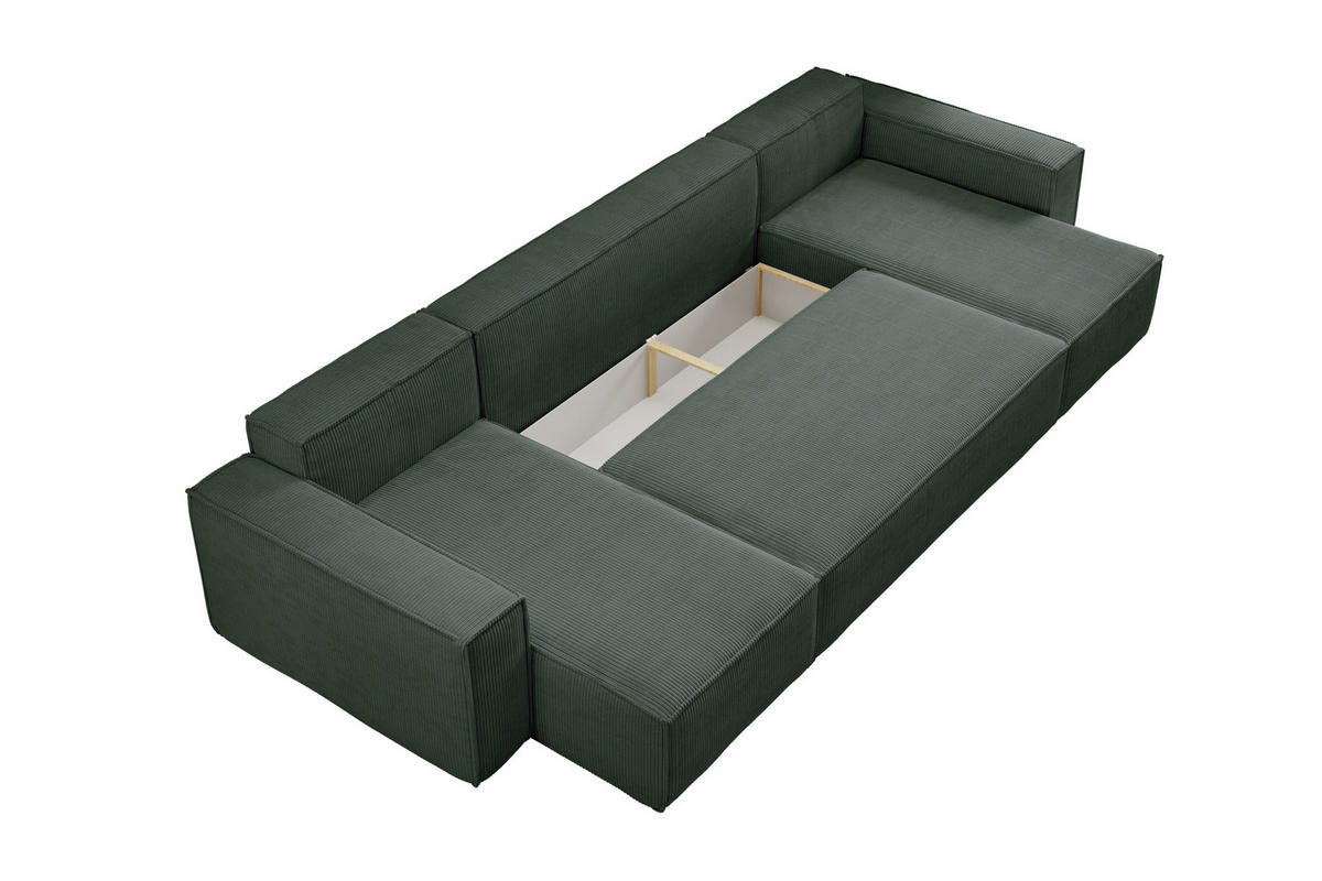 WOHNLANDSCHAFT Hugo U-Form Cordstoff mit Schlaffunktion und Bettkasten - Grün, Textil (312/83/142cm) - VENASI MÖBEL
