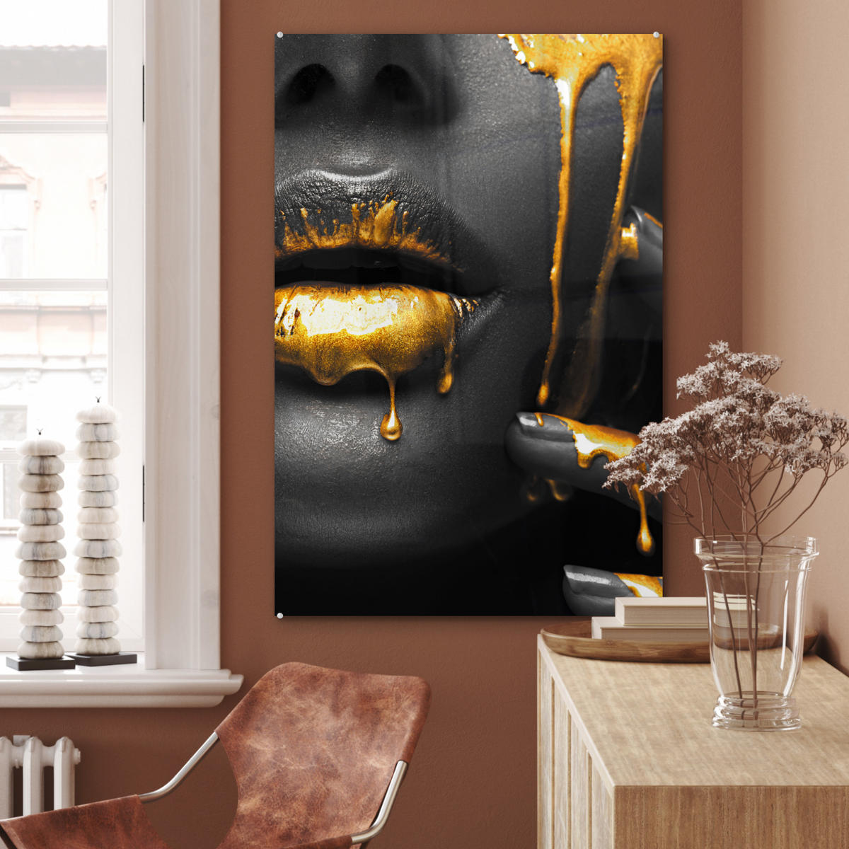 ACRYLGLASBILD Frau - Schwarz - Gold - Gesicht - Lippen 60x90 cm - Goldfarben, Glas (60/90cm) - MuchoWow