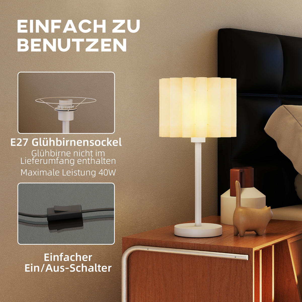 TISCHLAMPE mit Wellen-Lampenschirm exkl. Glühbirne 25 cm - Weiß, Kunststoff (25/25/48.5cm) - HOMCOM