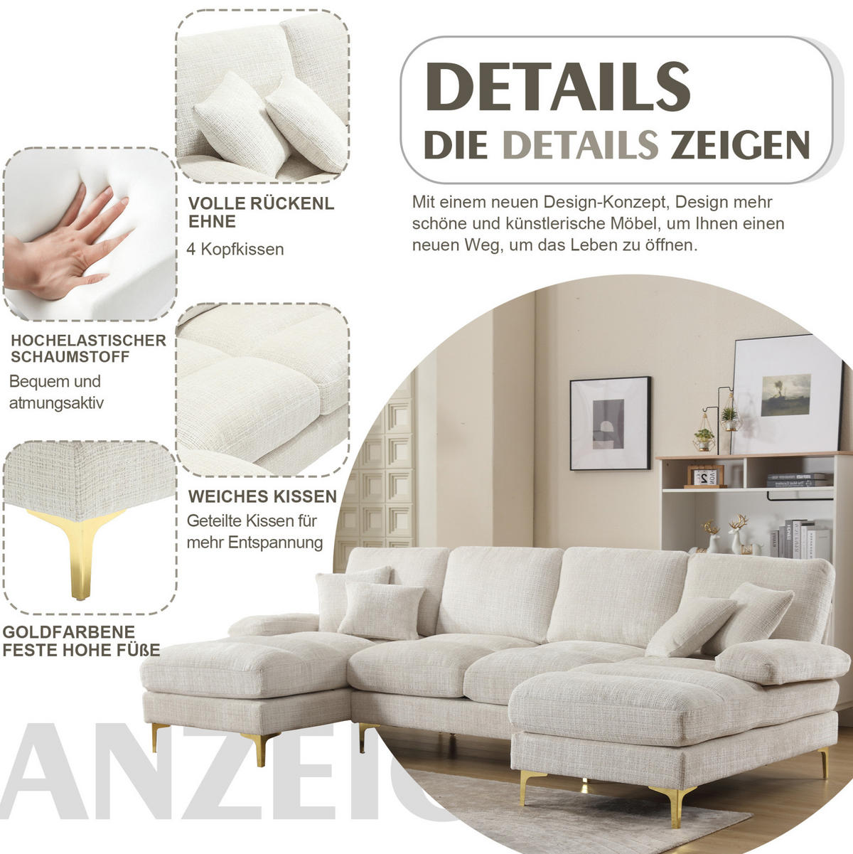 WOHNLANDSCHAFT U-Form 272/136/88 cm in Beige aus Chenille mit 2 Liegeflächen - Beige, Textil (136/88/272cm) - Flora Grace