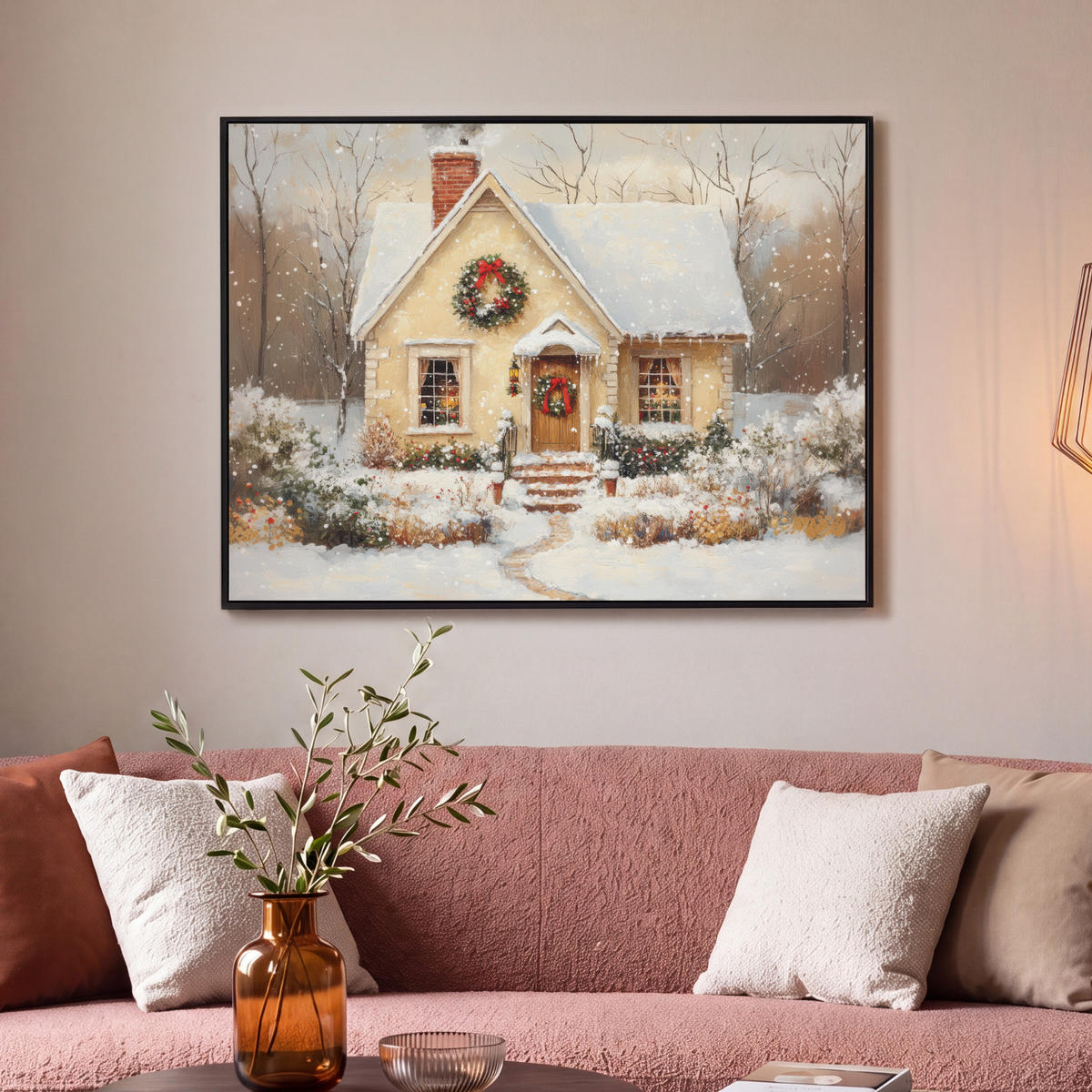 LEINWAND Bilder mit Rahmen - Weihnachten - Zuhause - Winter - Schnee - 100x70 - Creme, Textil (100/70cm) - MuchoWow
