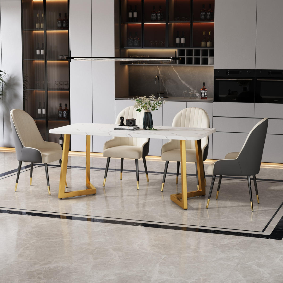 ESSTISCH, MDF in Marmoroptik mit Goldfarbenem Metallgestell, 117/68/75 cm, Weiß/Gold - Goldfarben, Holzwerkstoff (117/68/75cm) - Redom
