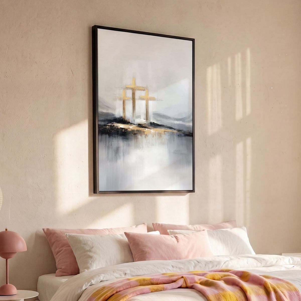 LEINWAND Bilder mit Rahmen - Abstrakt - Malerei - Christentum - Kreuz - 90x140 - Weiß, Textil (90/140cm) - MuchoWow