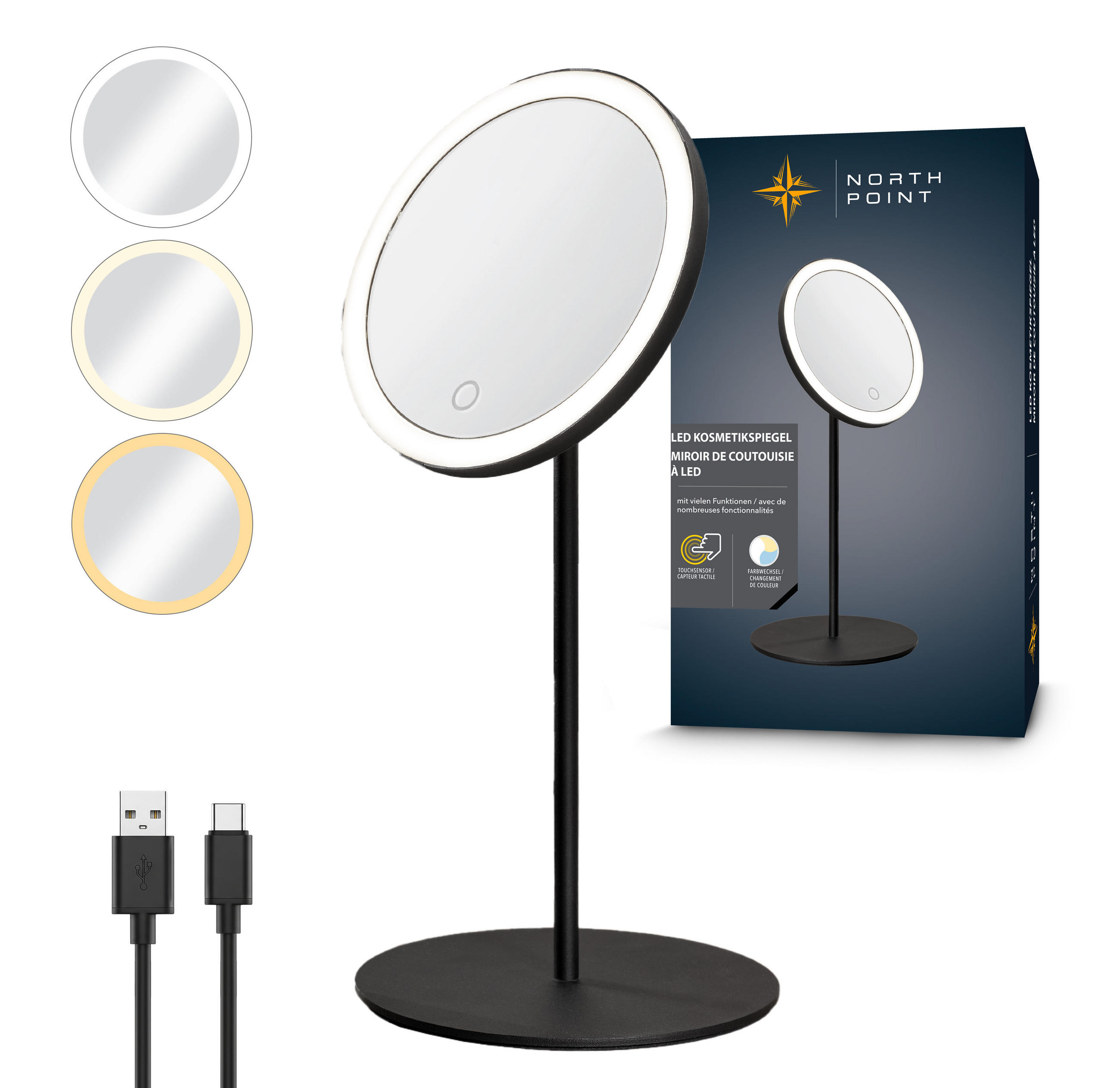 LED-KOSMETIKSPIEGEL - 5-fach Vergrößerung, 3 Lichtfarben und stufenlos dimmbar mit Touch-Bedienung, schwarz - Schwarz, Metall (16/34/16cm) - Northpoint