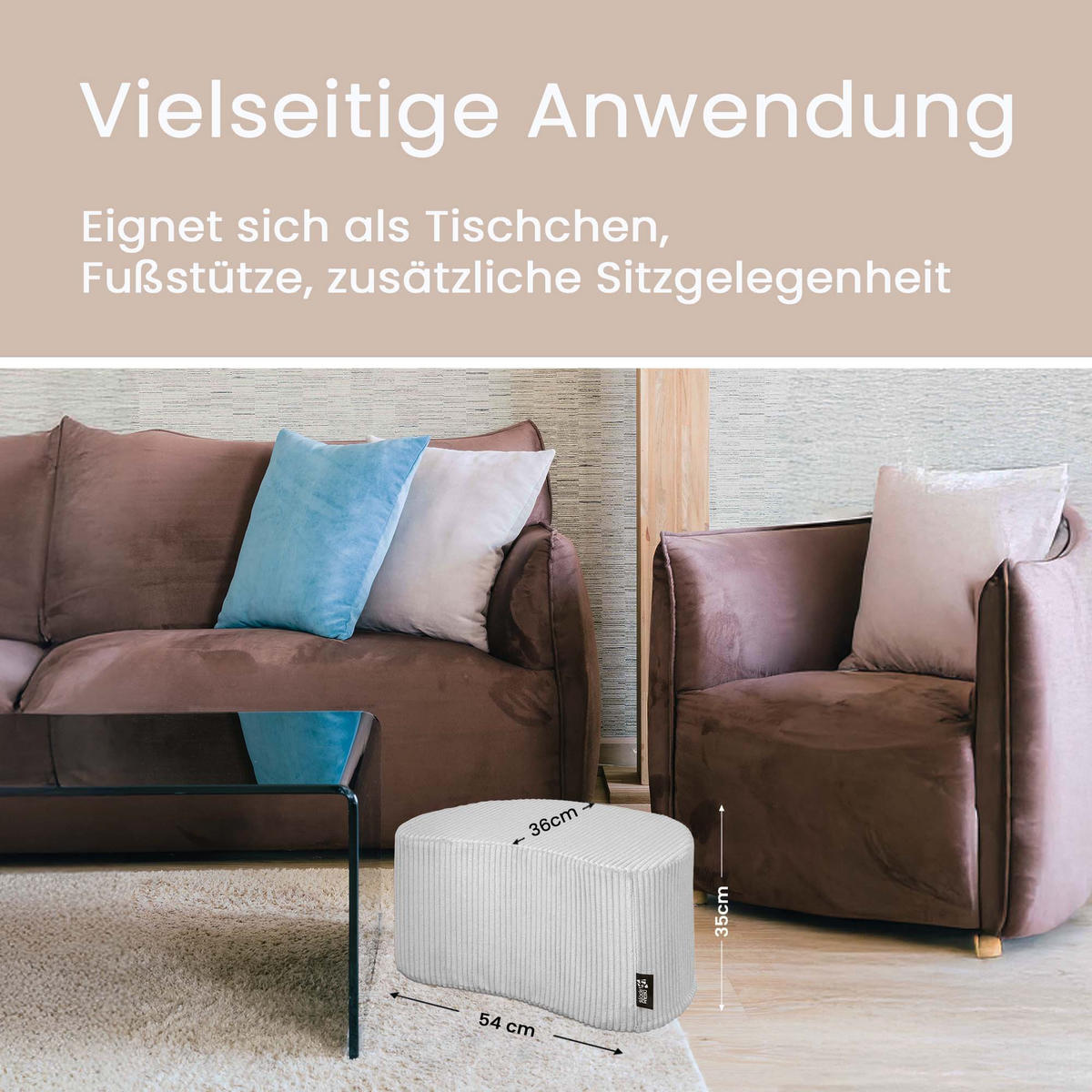 SITZSACK Halbmond 54/36/35 cm, weicher Cord 420 g/m², Hellgrau - Hellgrau, Textil (36/35/54cm) - Dreamroots