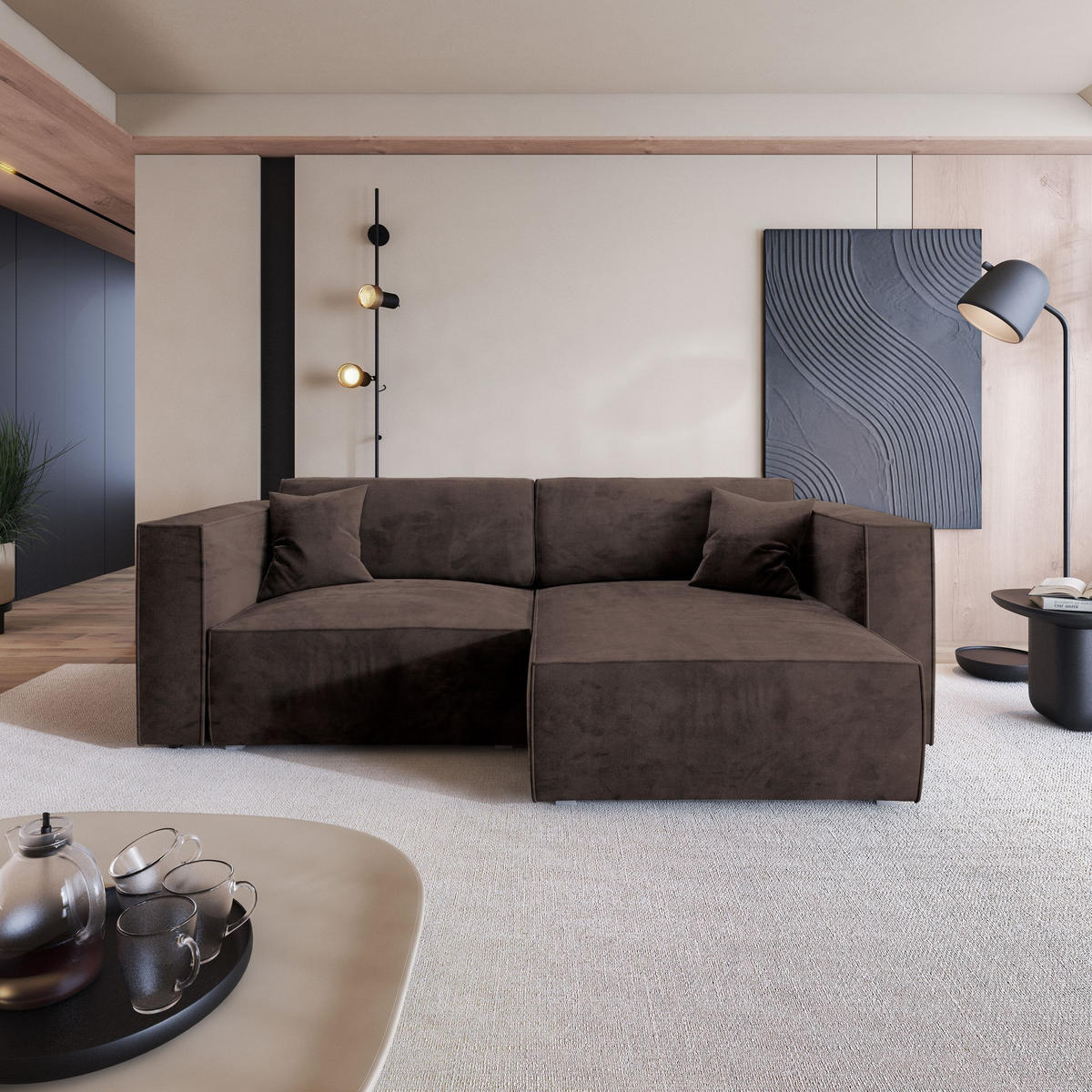 ECKSOFA NERIO M Braun Velours-Stoff mit Schlaffunktion - Braun/Grau, Holz/Kunststoff (245/148cm) - MASSENO