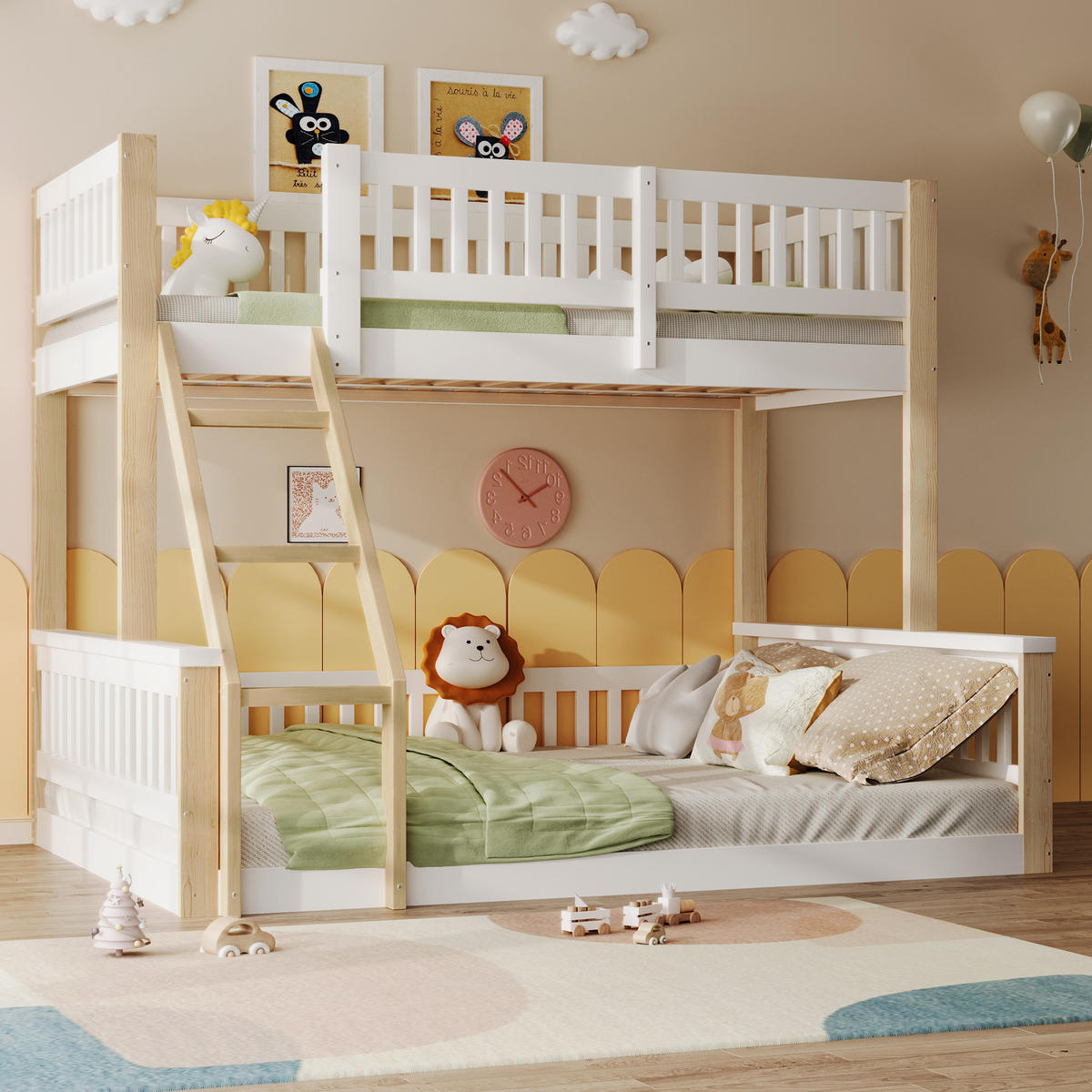 ETAGENBETT 90x200cm + 140x200cm Weiß + Natur Leiter Bettgitter - Multicolor, Holz (140/200cm) - FLIEKS