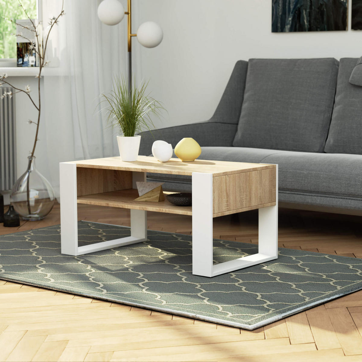 COUCHTISCH DOMI Sonoma Eiche, Weiß 53x92x45 cm - Weiß/Sonoma Eiche, Holzwerkstoff (53/92/45cm) - Akord