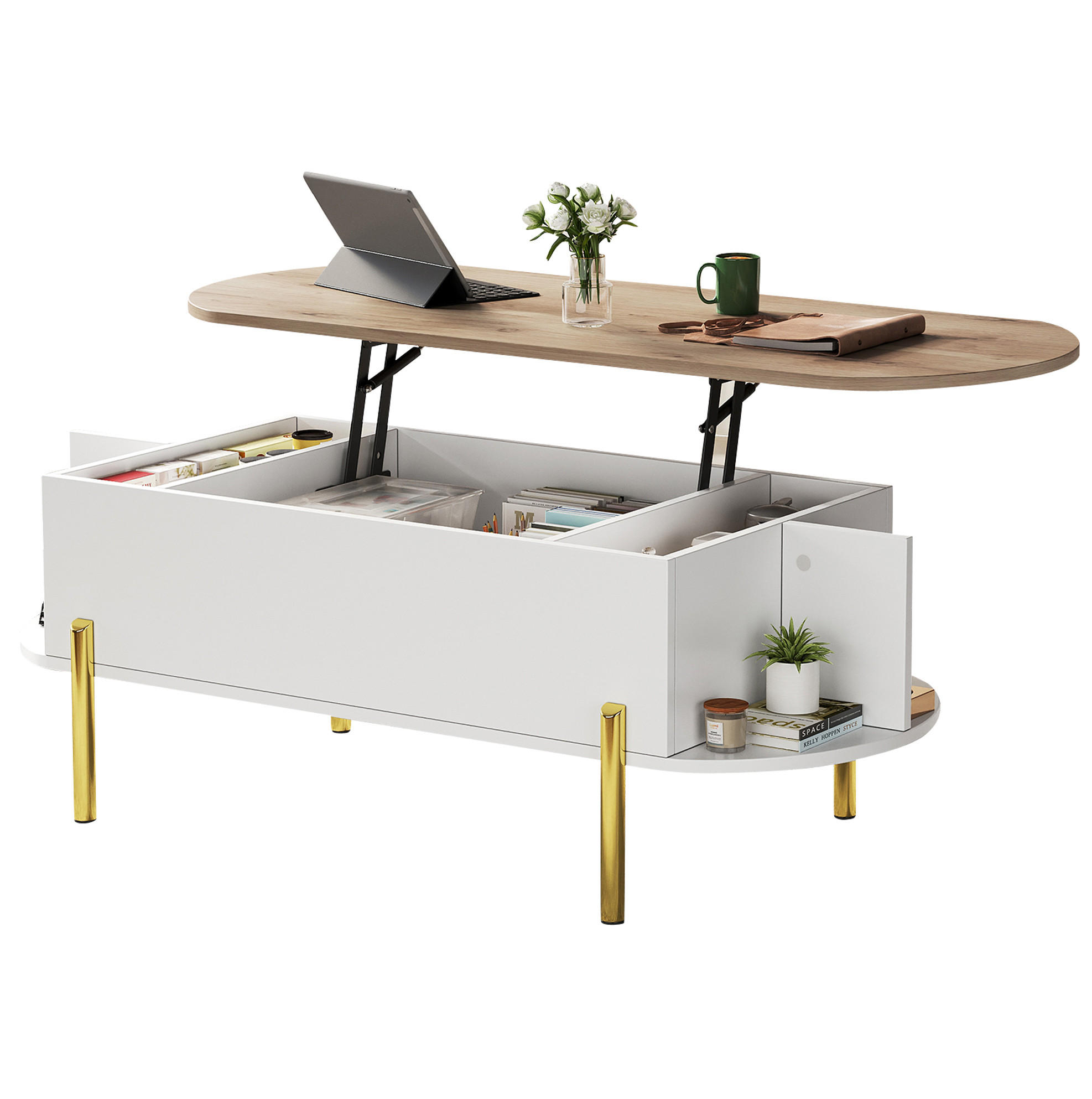 KONFERENČNÍ stolek 120/50/43 cm bílý z MDF se zvedací deskou a skrytým úložným prostorem - bílá, kompozitní dřevo (120/50/43cm) - OKWISH