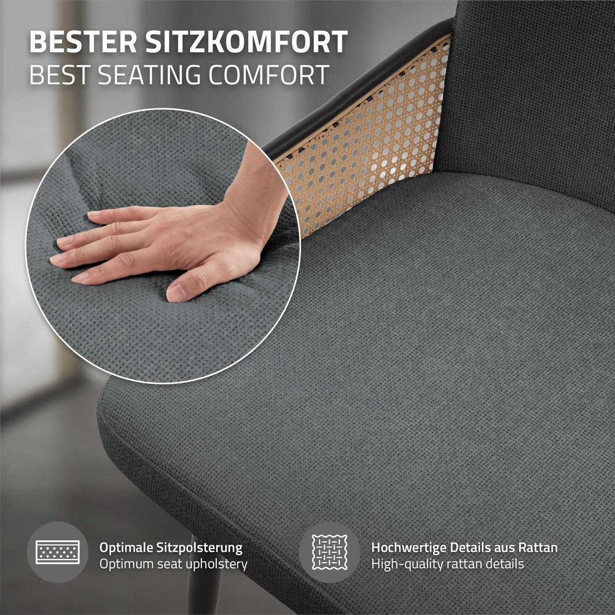 ESSZIMMERSTÜHLE 4er Set Anthrazit mit Stoffbezug Rattan Optik - Anthrazit/Schwarz, Naturmaterialien/Textil (51/91/61cm) - ML-DESIGN