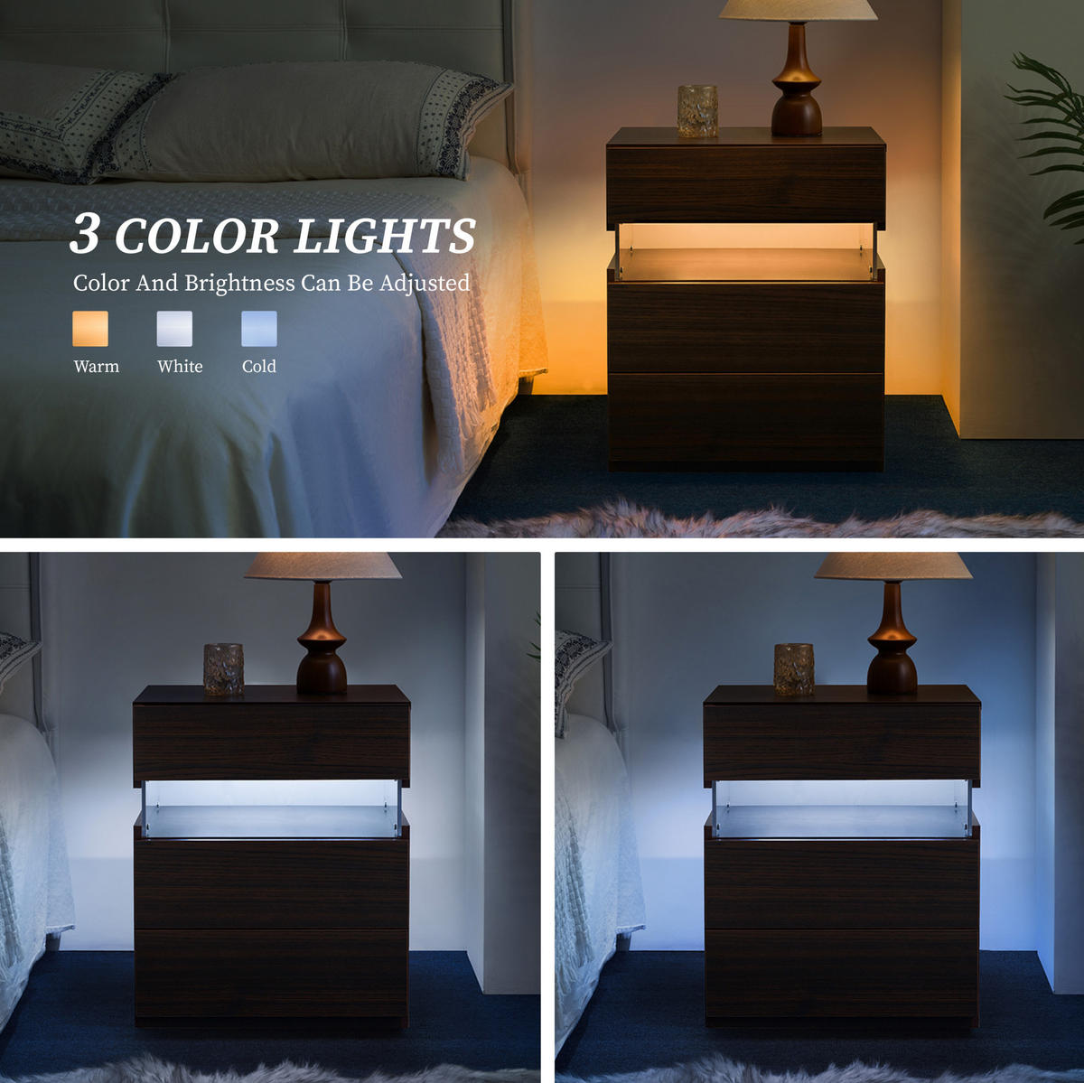 NACHTTISCH 38/48/61 cm mit 3 Schubladen, LED-Beleuchtung und Acrylfront, Walnuss - Walnussfarben, Holzwerkstoff (38/61/48cm) - Redom