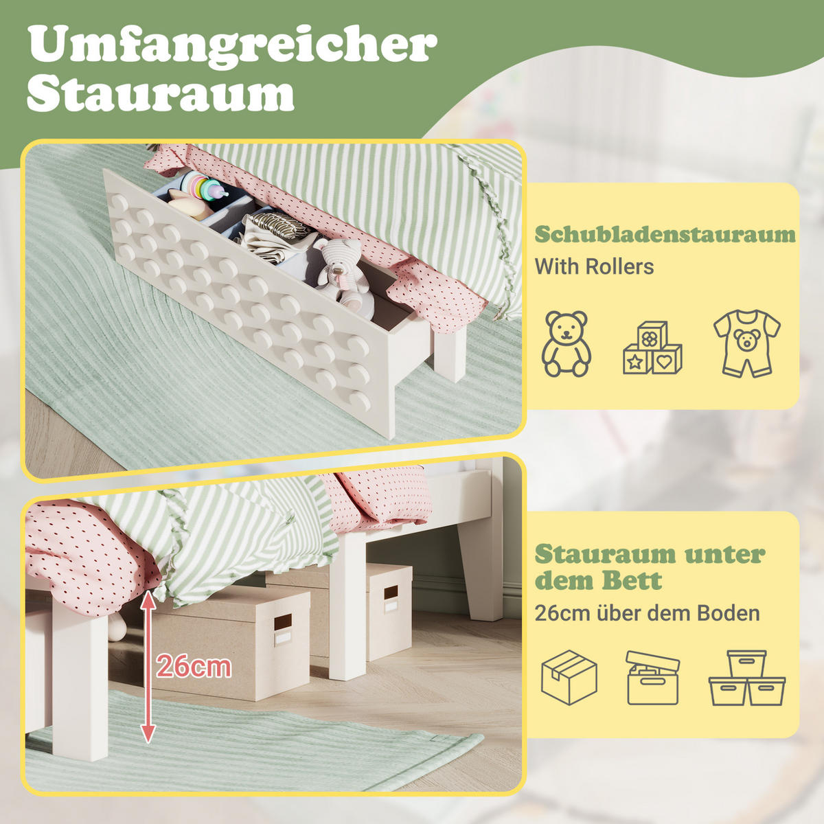 KINDERBETT 90/200 cm mit Schublade und Stauraum, Lattenrost und kreativem Blockdesign, Weiß - Weiß, Holz (90/200cm) - Redom