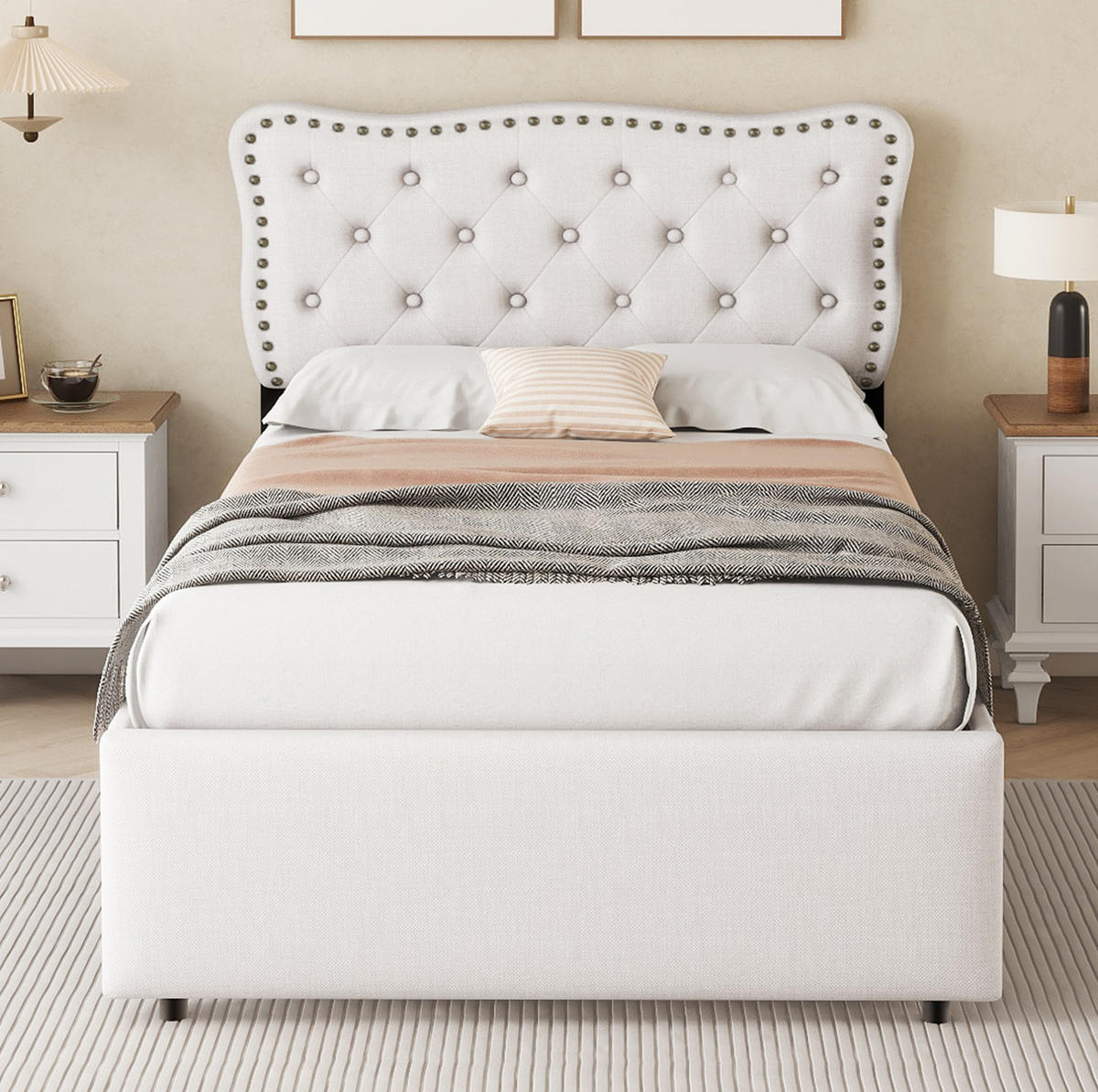 ČALOUNĚNÁ postel 90/200 cm světle béžová z MDF a lnu se 2 zásuvkami a nastavitelným čelem - bílá, textil (90/200cm) - OKWISH