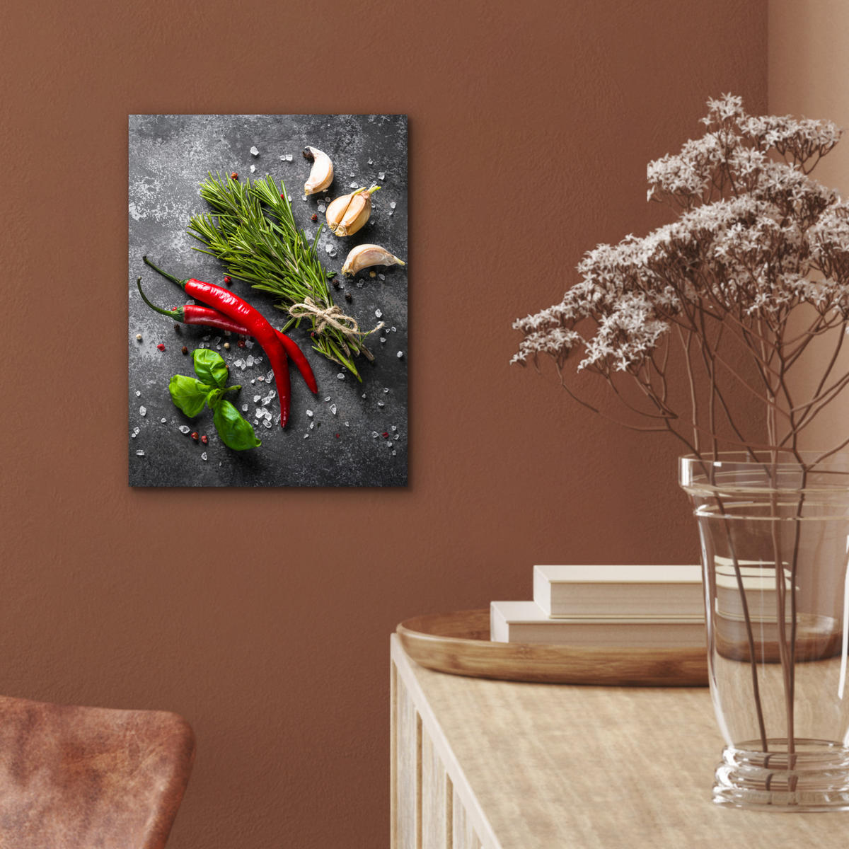 KOVOVÝ OBRAZ Korenie - bylinky - korenie - betón 30x40 cm - tmavosivá, kov (30/40cm) - MuchoWow