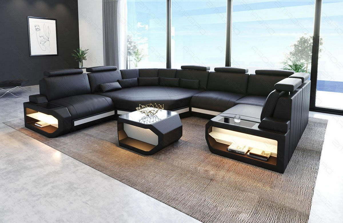 WOHNLANDSCHAFT Asti U Mini - Schwarz/Weiß, Leder (352/93/280cm) - Sofa Dreams