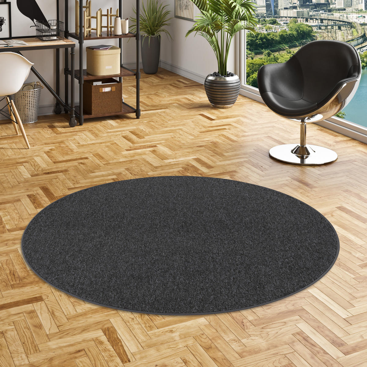 FEINSCHLINGEN VELOUR TEPPICH STRONG RUND - Schwarz/Grau, Textil (133/133cm) - Snapstyle