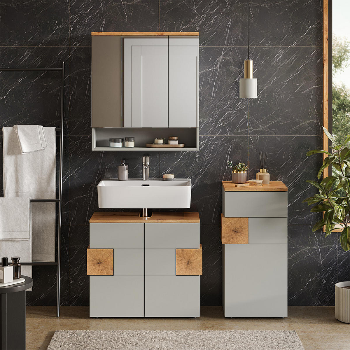 BADMÖBEL-SET Eden Grau 3 Teile - Hellgrau/Grau, Holzwerkstoff (73/64/37cm) - Vicco