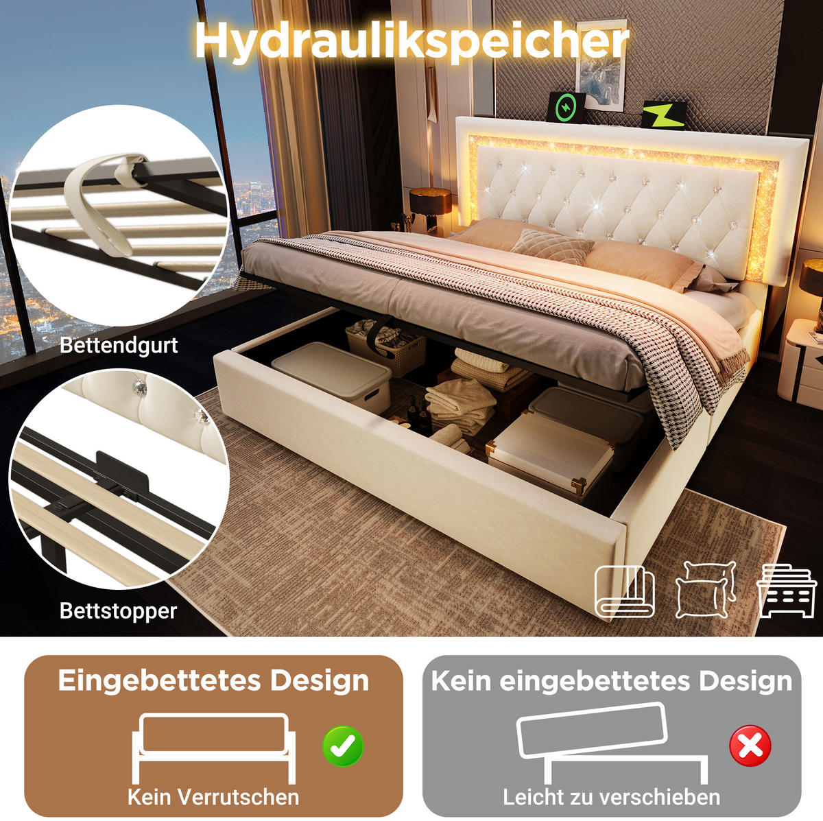 SAMT-POLSTERBETT 180/200 cm mit LED-Beleuchtung, Bettkasten und USB-C - Beige, Textil (180/200cm) - BEAOK