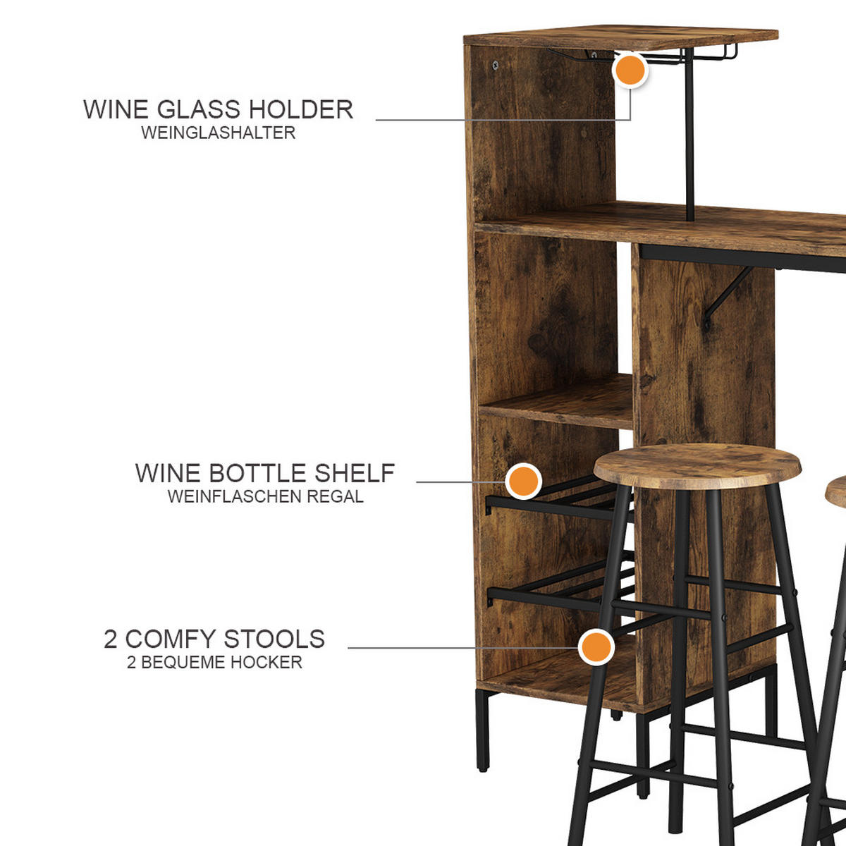 BARTISCH-SET Fyrk Schwarz/Eiche rustikal 121.5 x 40 cm mit 2 Hocker - Wildeiche/Schwarz, Holzwerkstoff (121.5/120/40cm) - Vicco