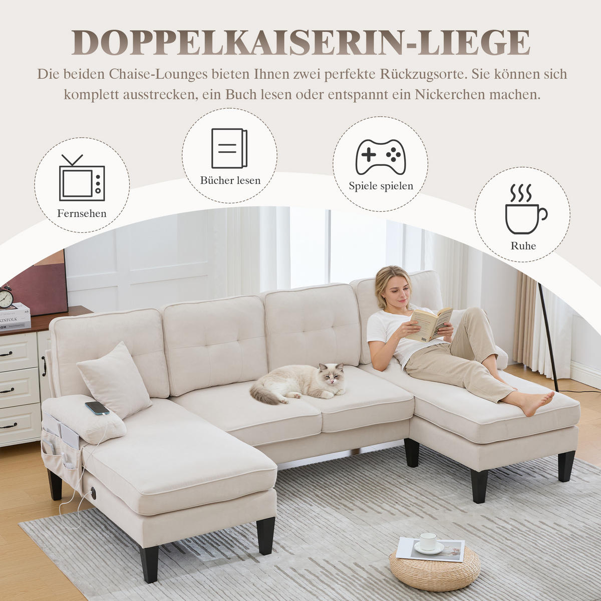 WOHNLANDSCHAFT 4-Sitzer Leinen Beige mit USB, Type-C und Seitentaschen - Beige, Textil (250/88/130cm) - WISHDOR