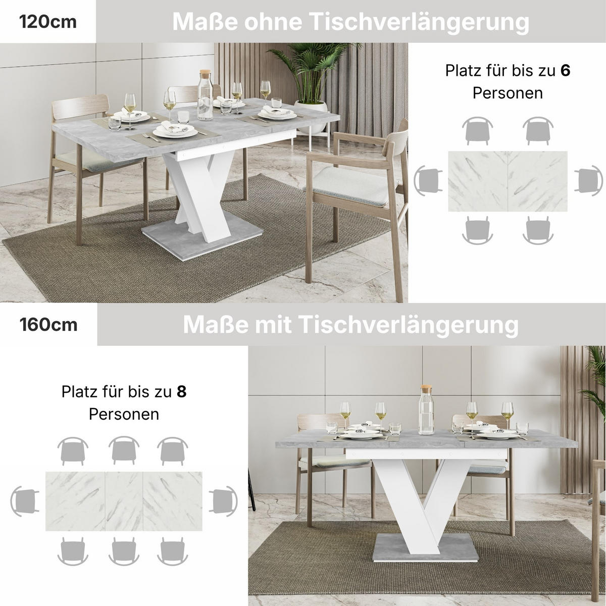 ESSTISCH Grau Betonoptik und Weiß Ausziehbar 120 - 160 cm - Weiß/Grau, Holzwerkstoff (120/80/75cm) - PROSPERO
