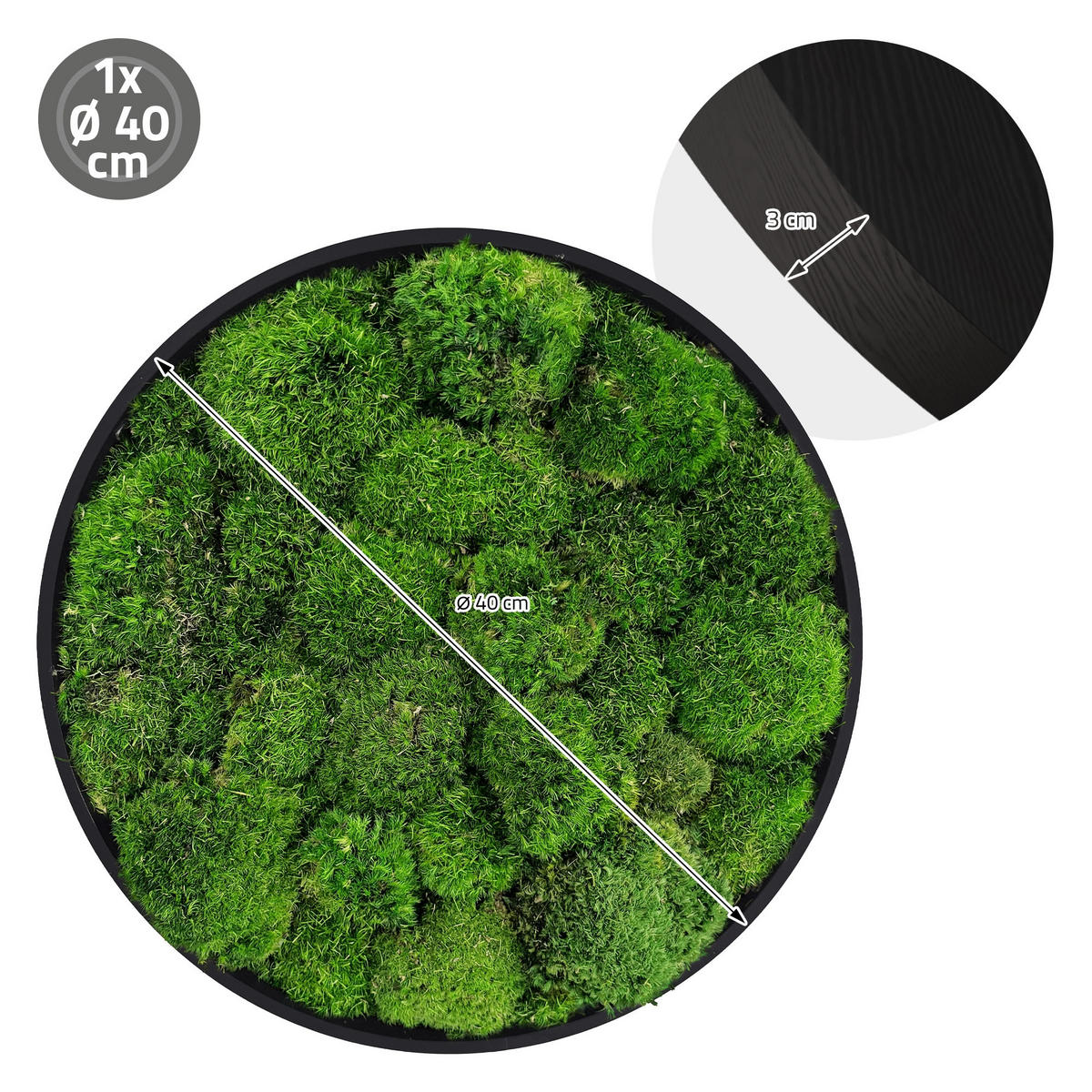 MOOSBILD Rund Ø 40 cm Mooswand Indoor mit Echtem Kugelmoos und Holzrahmen Grün Pflegefrei - Grün, Naturmaterialien (40/40/3cm) - ECD-Germany