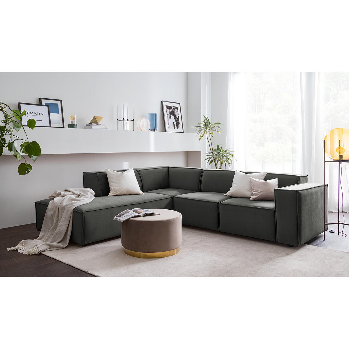 ECKSOFA mit Ottomane - Schwarz/Grau, Kunststoff/Textil (260/234cm) - home24