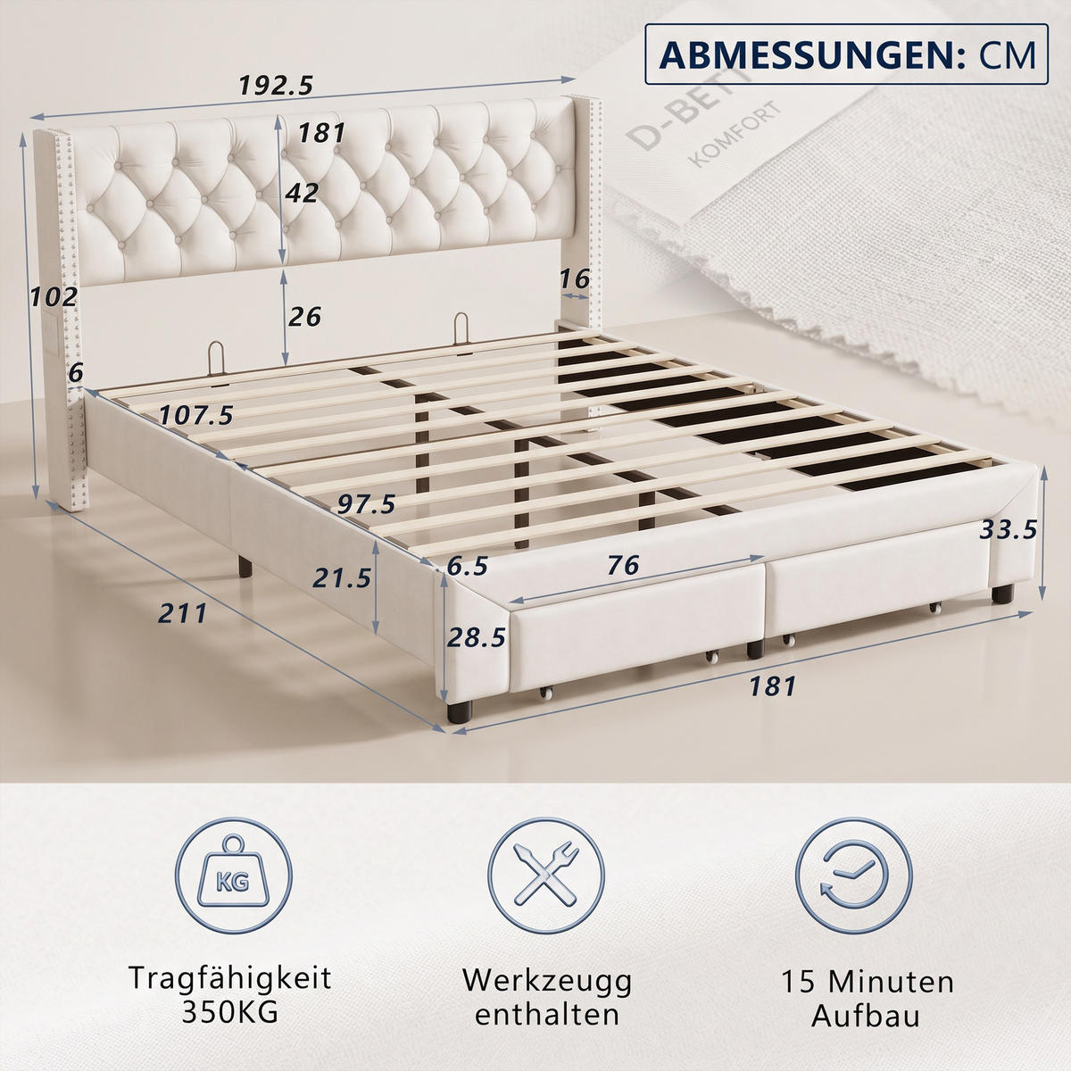 POLSTERBETT 180x200 mit LED und USB, Stauraum, Lattenrost und 2 Schubladen, doppelbett 180x200, Samt Ecru - Ecru, Holz/Textil (180/200cm) - GENKI LIVING