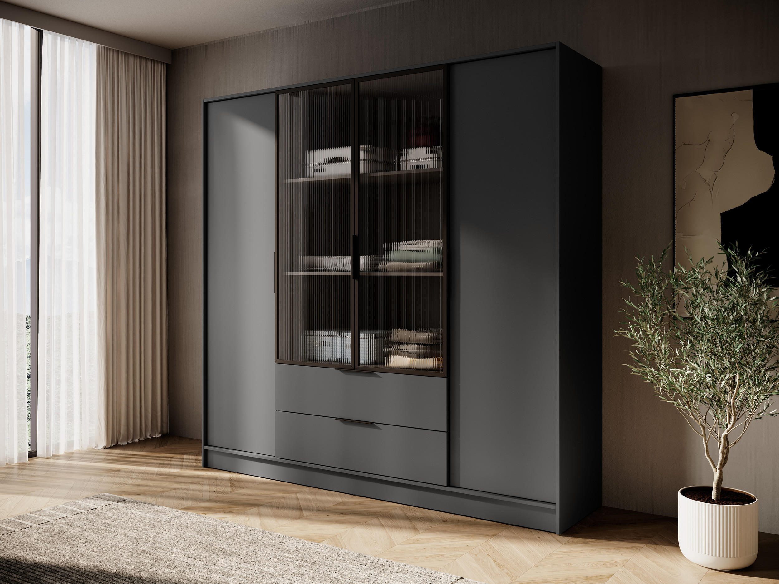 DREHTÜRENSCHRANK - Sevia Graphit – mit Vitrine in der Mitte - Graphitfarben, Holzwerkstoff (206/200/51cm) - Möblo