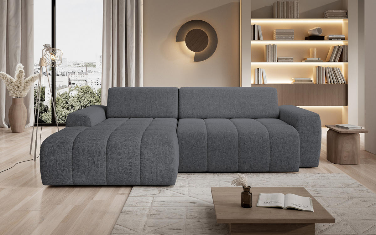 ECKSOFA Savio Freistehend, Mit Abriebfestem Kansas-Stoff, Maße 265x172x81cm, Ausziehbare Sitzfläche 206x92cm, Linke, Grau - Grau, Holz/Textil (172/265cm) - DomoHome