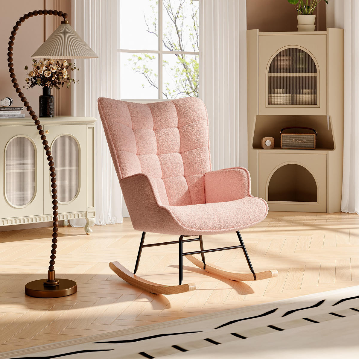 SCHAUKELSTUHL Teddy Comfort mit quadratisch gesteppter Rückenlehne, Teddy-Fleece Rosa - Pink, Textil (68/92/75cm) - DELFA