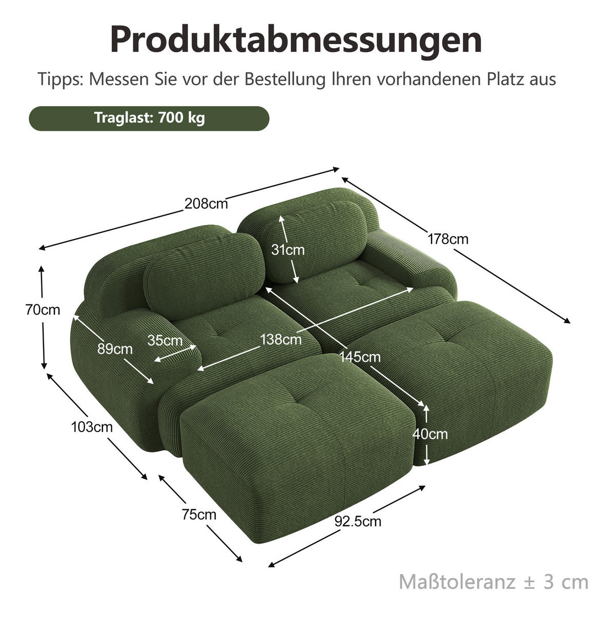 SOFA in Grün aus Cord, modular, rahmenlos und montagefrei - Grün, Textil (178/70/208cm) - Flora Grace