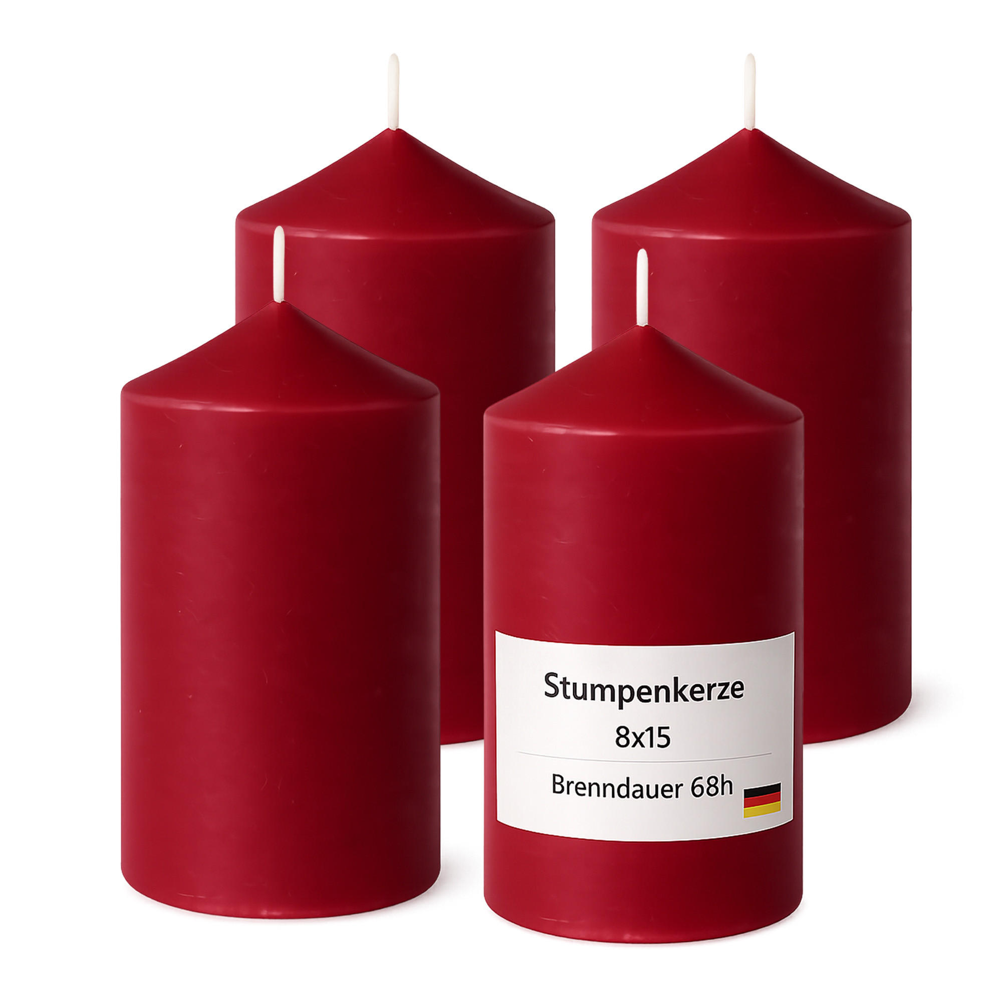 STUMPENKERZEN Ø8cm x 15cm Rubinrot (4er Pack) - Rot, Naturmaterialien (15cm) - HS Candle
