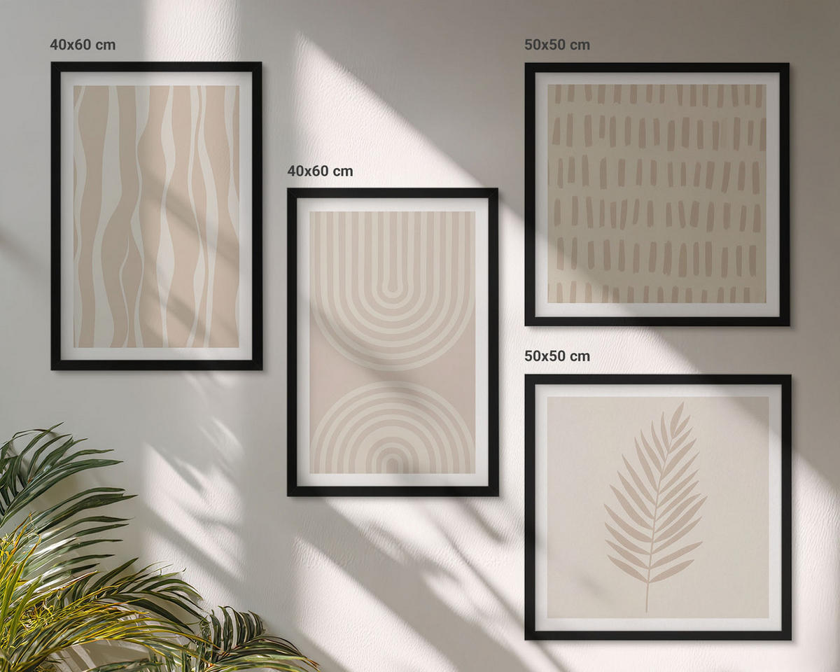 WANDBILDER 4er-Set - 50x50 cm & 40x60 cm Schwarzer Rahmen - Beige Pflanzenmuster - Schwarz, Kunststoff (50/50cm) - ArtPrintCave