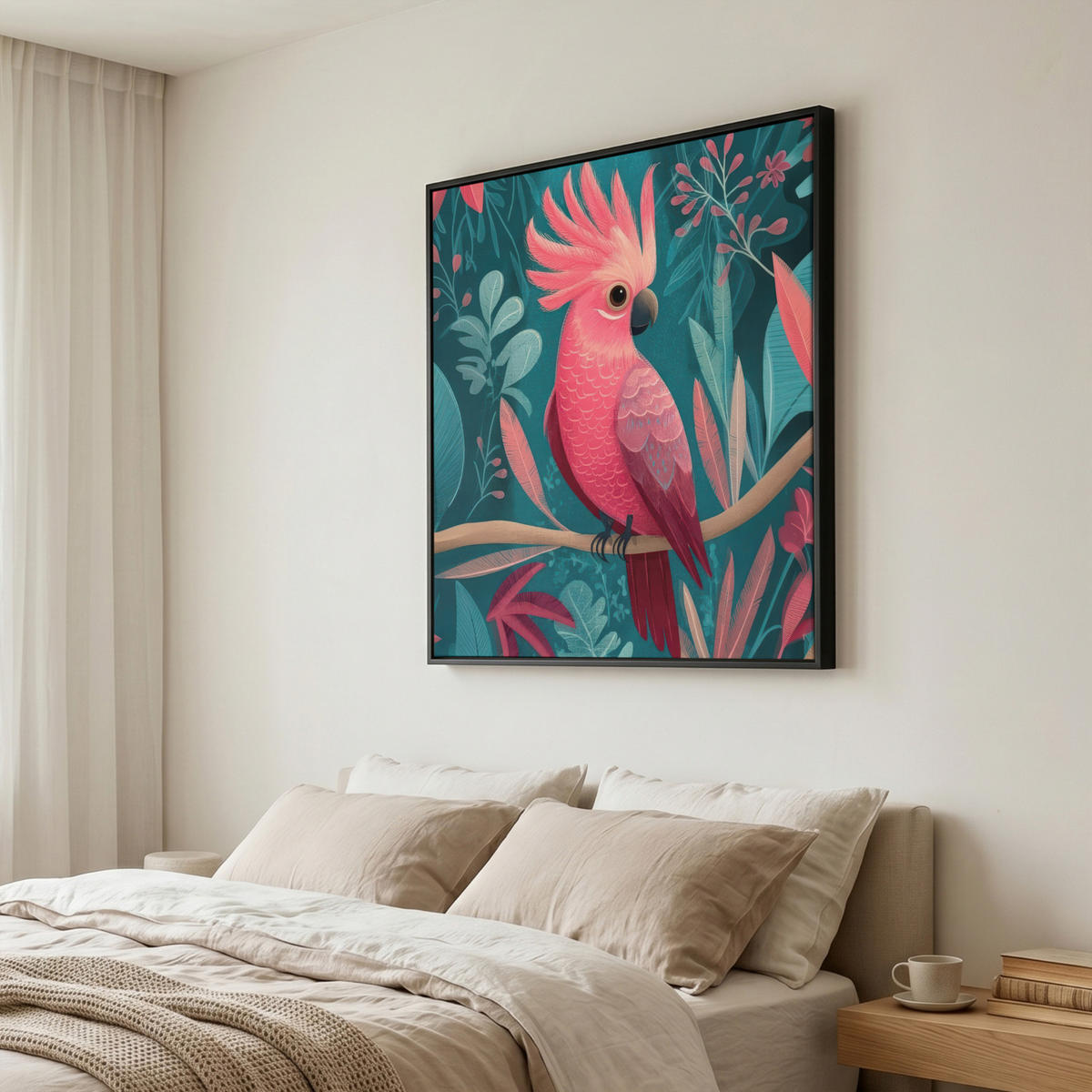 LEINWAND Bilder mit Rahmen - Kakadu - Tropische Blätter - Zweig - 90x90 - Petrol, Textil (90/90cm) - MuchoWow