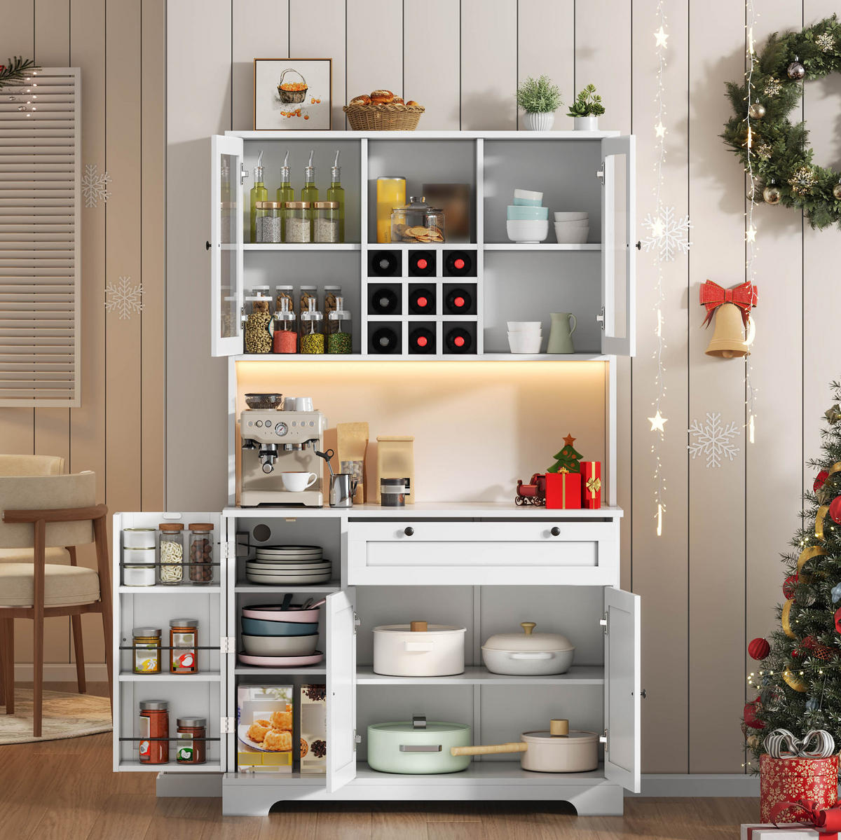 BUFFETSCHRANK aus MDF 105x40x180 cm Weiß mit LED-Beleuchtung, Steckdosenleiste und Weinregal - Weiß, Holzwerkstoff (105/180/40cm) - IVMEU