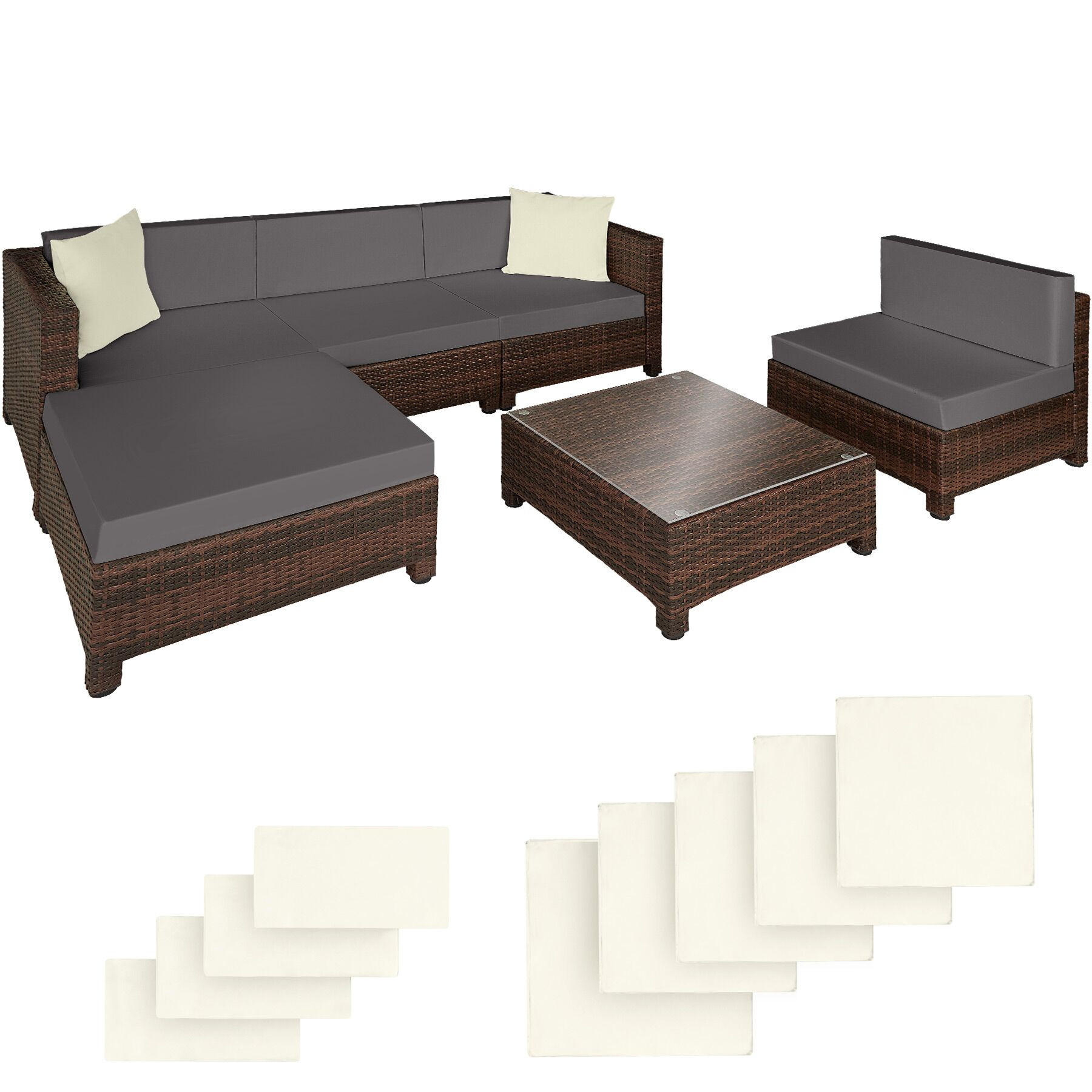 RATTANLOUNGE ,mit Sicherheitsglasplatte,schwarz/braun - Schwarz/Braun, Kunststoff - tectake