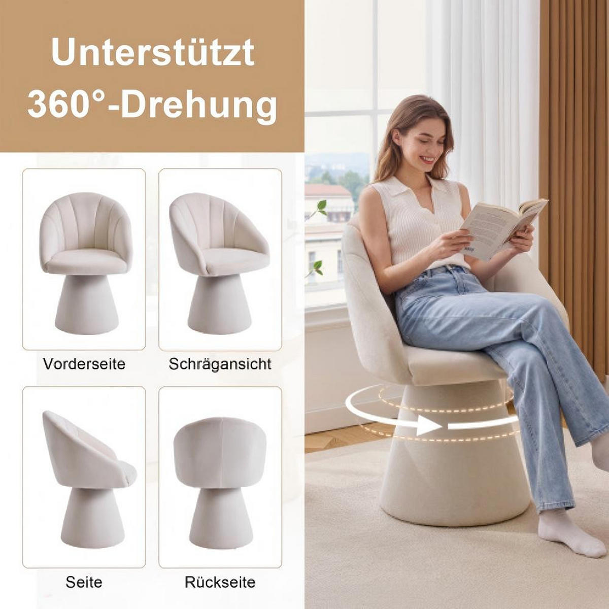 ESSZIMMERSTUHL mit runder Rückenlehne Komfortmodell, Cremeweiß - Beige, Textil/Fell (57/46/58cm)
