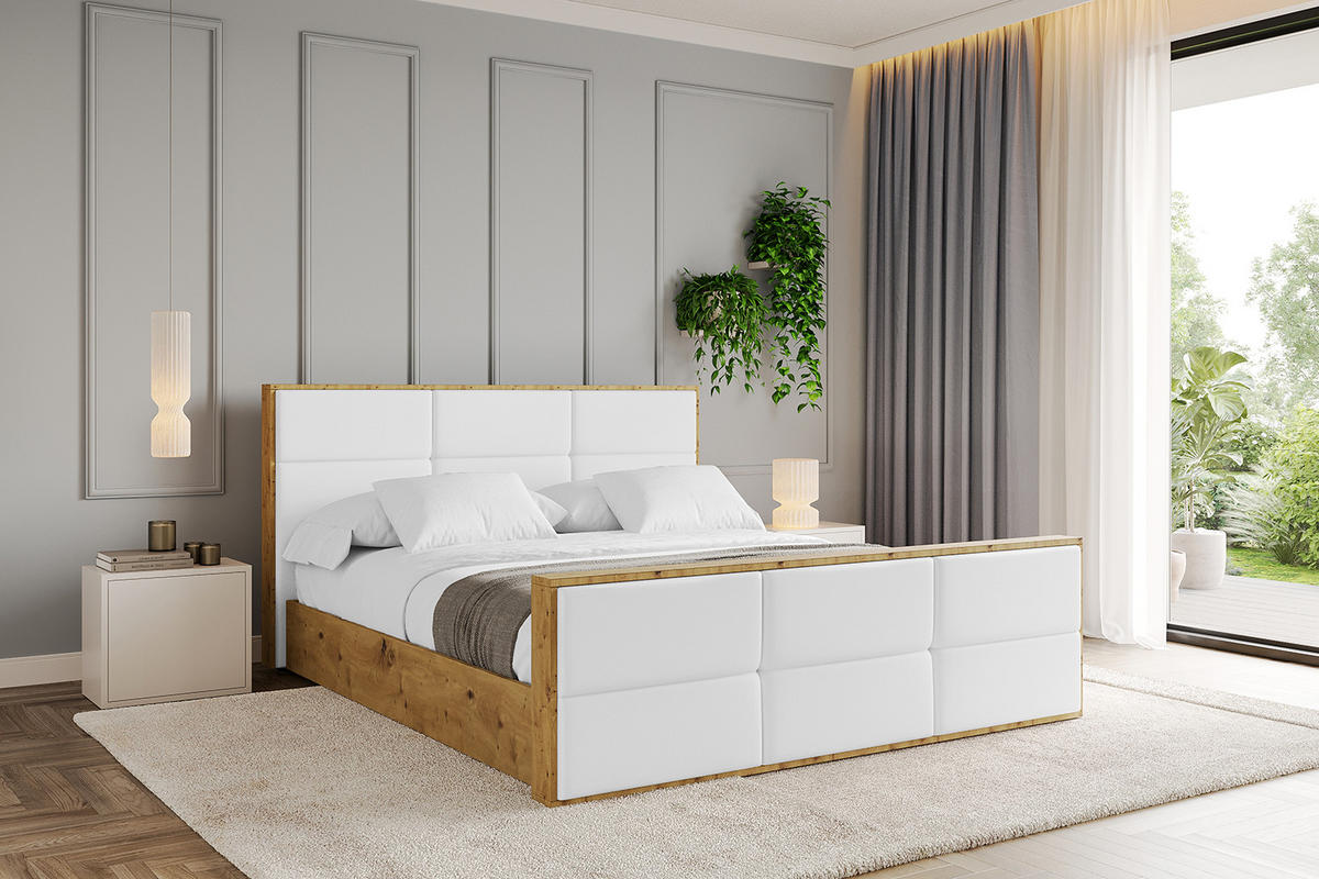 POLSTERBETT mit Bettkasten, Fußteil und Lattenrost, Boxbett mit Matratze H3/H4 - ENZO1-Z 120x200 Weiß Kunstleder - Weiß Hochglanz, Holzwerkstoff/Textil (120/200cm) - ALTDECOR