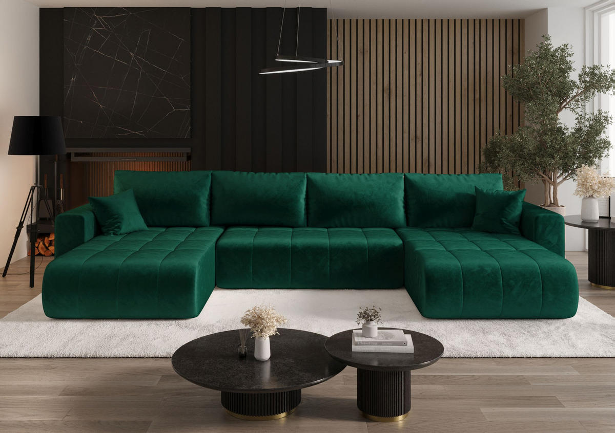 WOHNLANDSCHAFT LARA U-Form grün Velours Monolith 37 - Schlaffunktion, Bettkasten - Grün, Textil (385/85/175cm) - Cornero