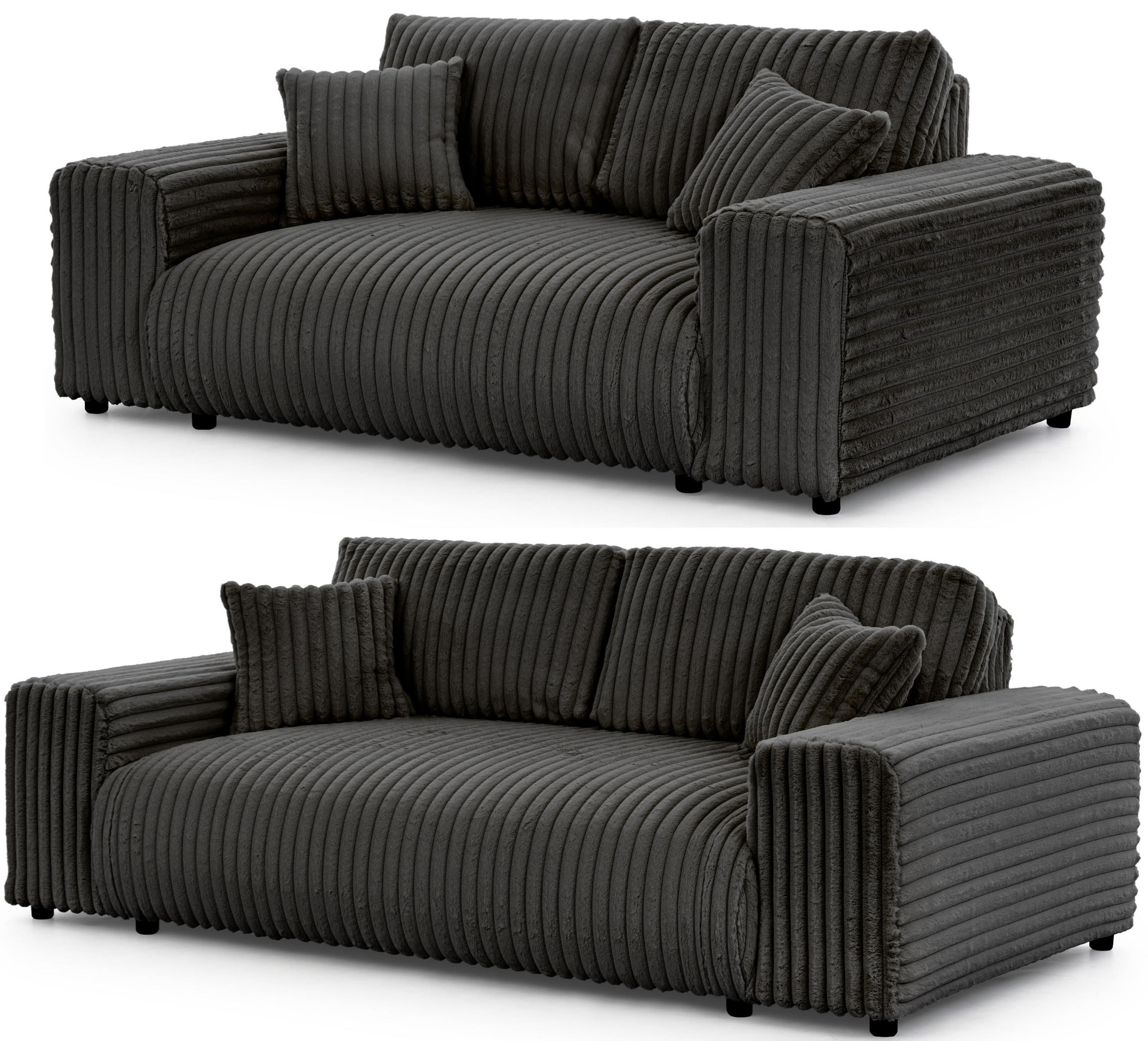 SITZGARNITUR 3+2 Mollis Dunkelgrau Plüschcord - Dunkelgrau/Schwarz, Holz/Kunststoff (213/79/108cm) - S-Style Möbel