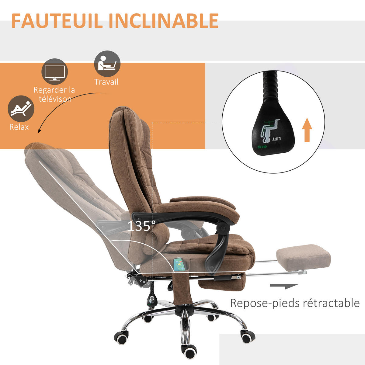 CHEFSESSEL DE-11824 Massage & Heizung Grau - Braun, Textil (70/119/65cm) - ComfortXL