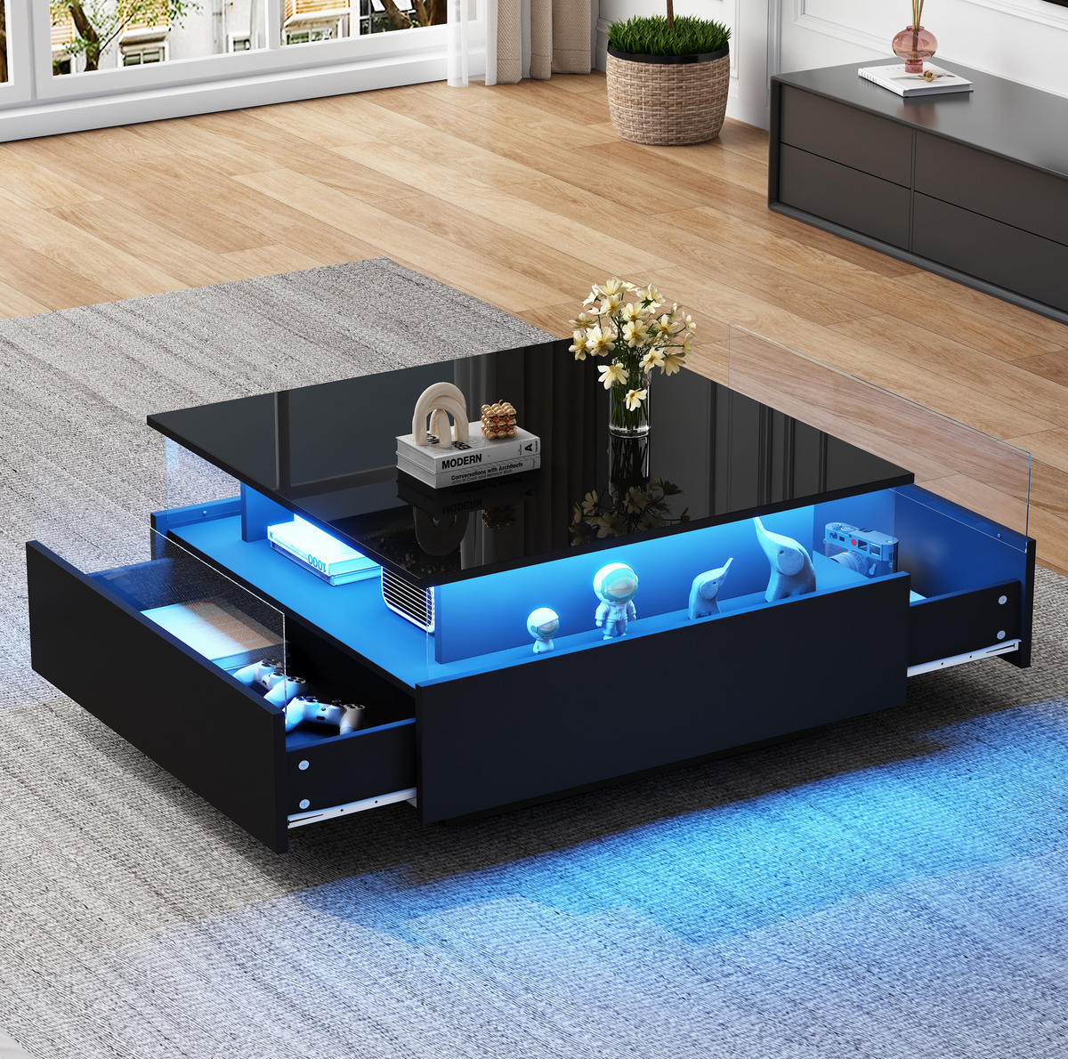 COUCHTISCH aus Spanplatte 70x70x41 cm in Schwarz mit LED & 2 Schubladen - Schwarz, Holzwerkstoff (70/70/41cm) - Modfu