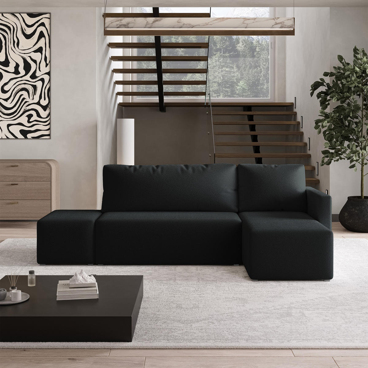 ECKSOFA VELOTTI R-S Schwarz Boucle-Stoff mit Schlaffunktion - Schwarz, Holz (261/143cm) - MASSENO