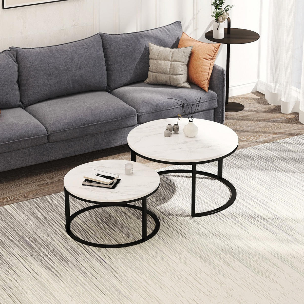COUCHTISCH 2er-Set - Runder Beistelltisch in Marmoroptik Weiß mit Metallgestell - Schwarz - Schwarz, Holzwerkstoff (80/80/45cm) - DELFA