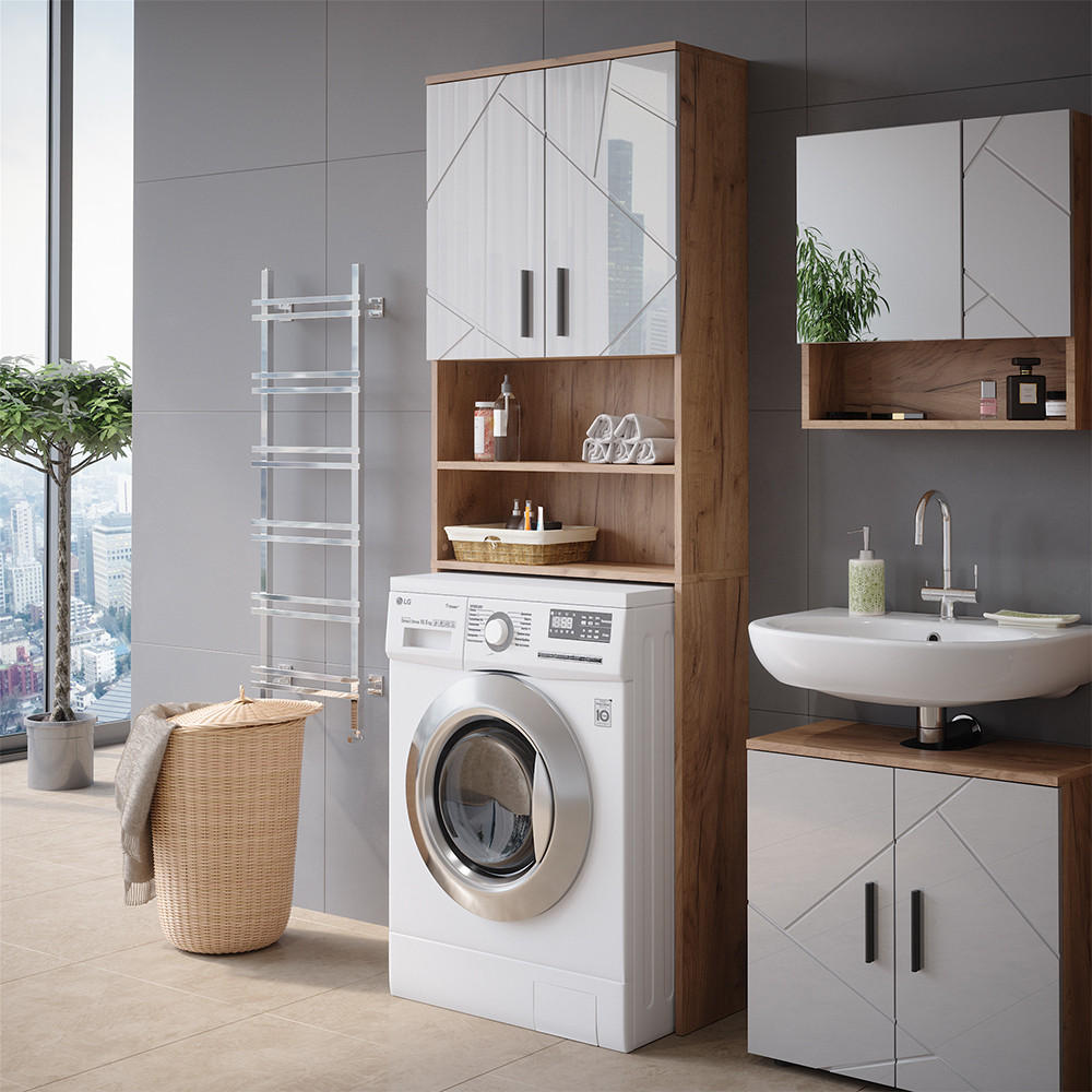 WASCHMASCHINENSCHRANK Irma Weiß Hochglanz/Goldkraft Eiche 64 x 190.5 cm - Honigeiche/Weiß Hochglanz, Holzwerkstoff (64/190.5/26cm) - Vicco