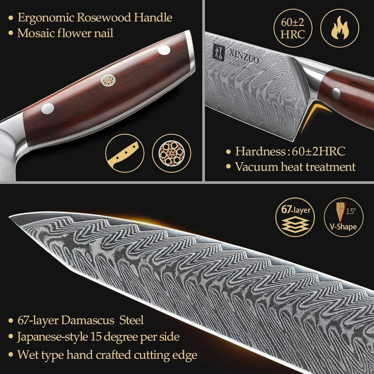 KÜCHENMESSER Set 7-teilig Damaststahl Rosenholz Griff Akazienholz Messerblock - Braun, Metall (13/38/25cm)