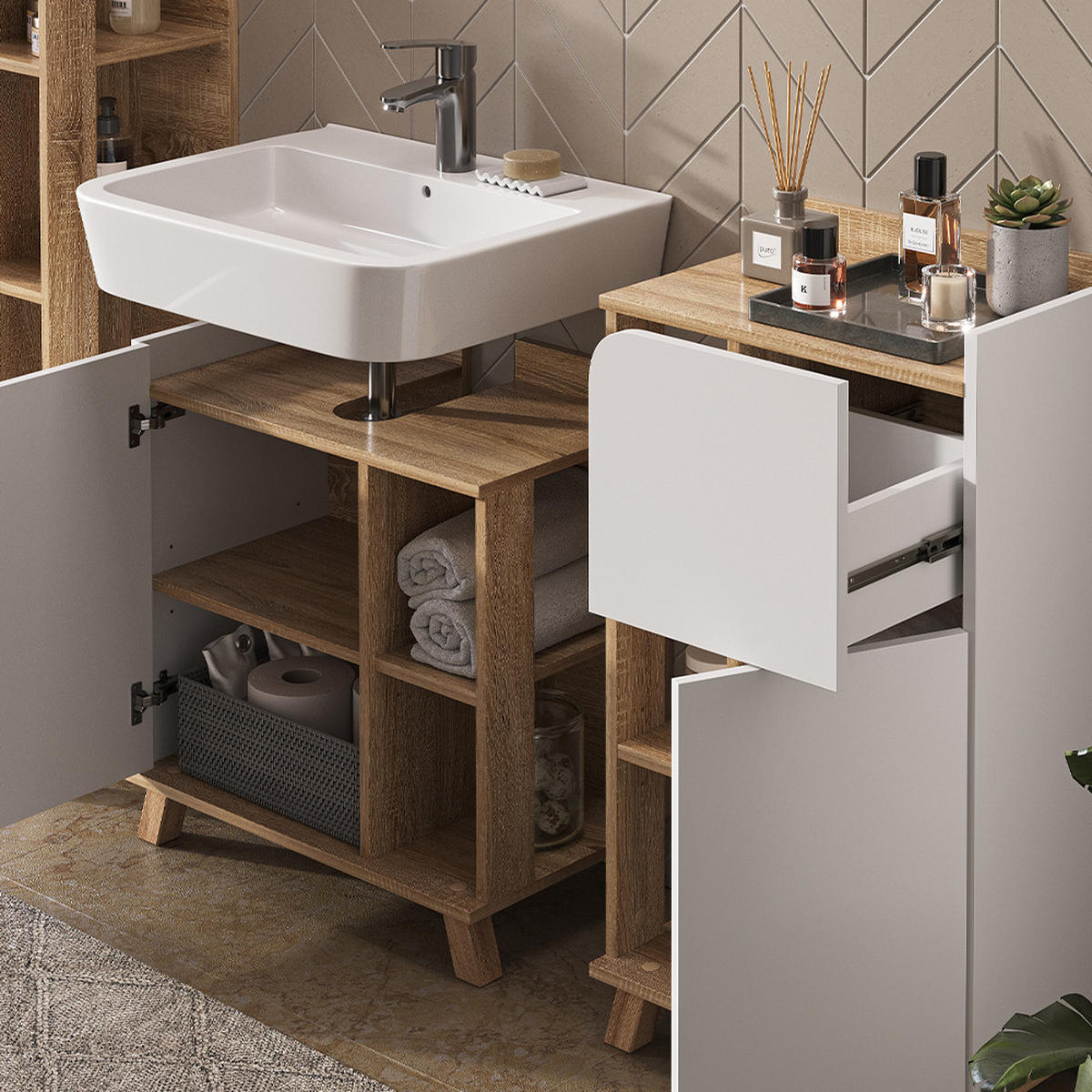 BADMÖBEL-SET Karen Sonoma/Weiß 4 Teile - Weiß/Sonoma Eiche, Holzwerkstoff (60/65/35cm) - Vicco