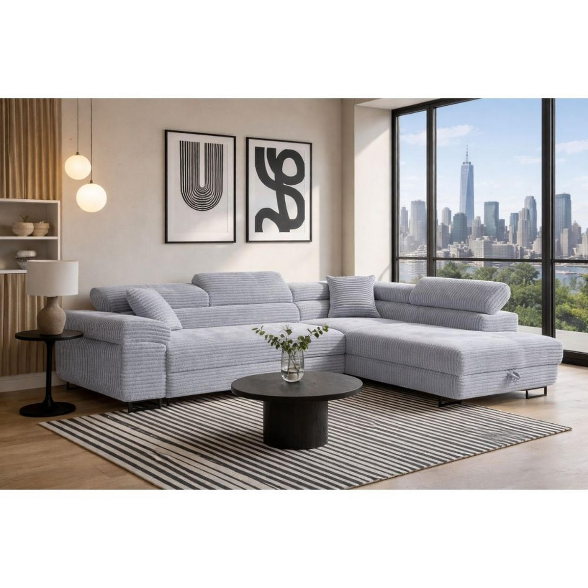 ECKSCHLAFSOFA Luis L, mit Schlaffunktion und Bettkasten – praktisch und bequem, Rechts, Grau - Schwarz/Grau, Textil (275/205cm) - AN-Moebel 4u