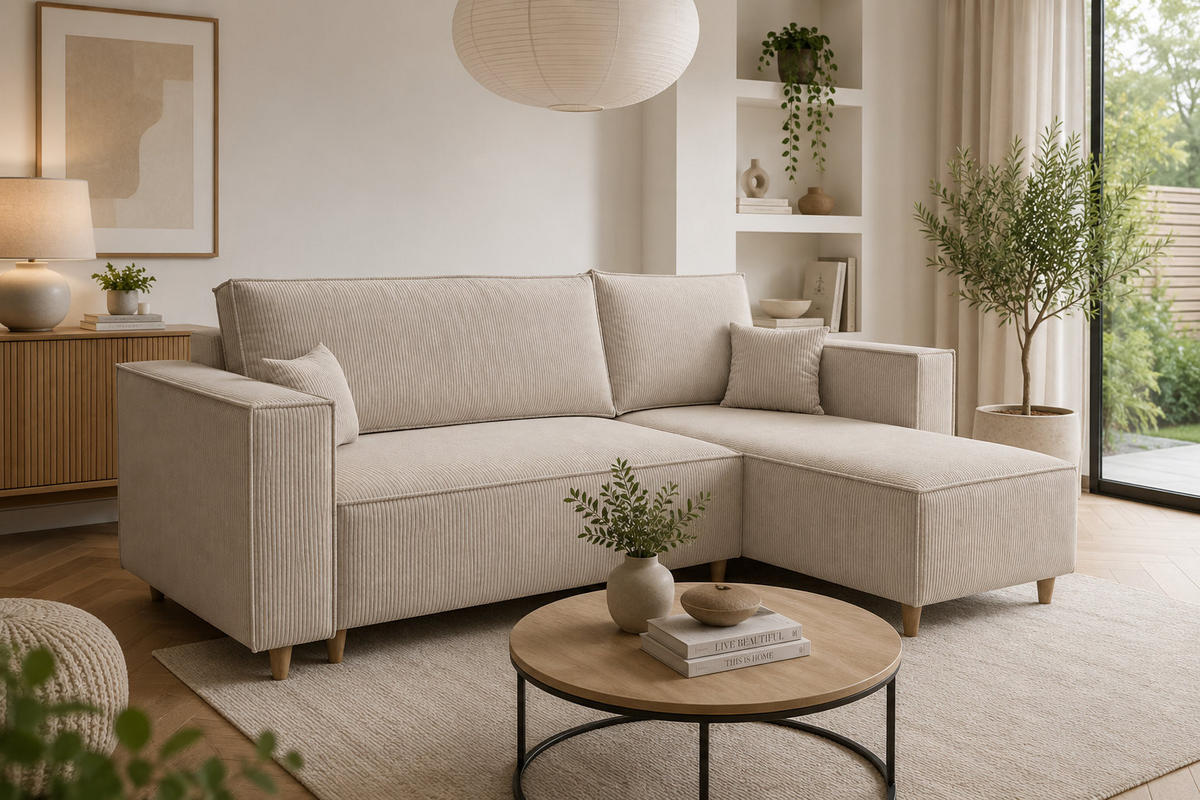 ECKSOFA mit Schlaffunktion und Bettkasten Rio, Ecksofa Cordstoff Creme, Ottomane Universal, 249x142 cm - Creme, Textil (249/142cm) - Marpur